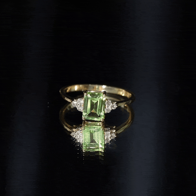 Peridot Engagement Ring – Emerald Cut AAA Quality Green Gemstone with Diamond Trio