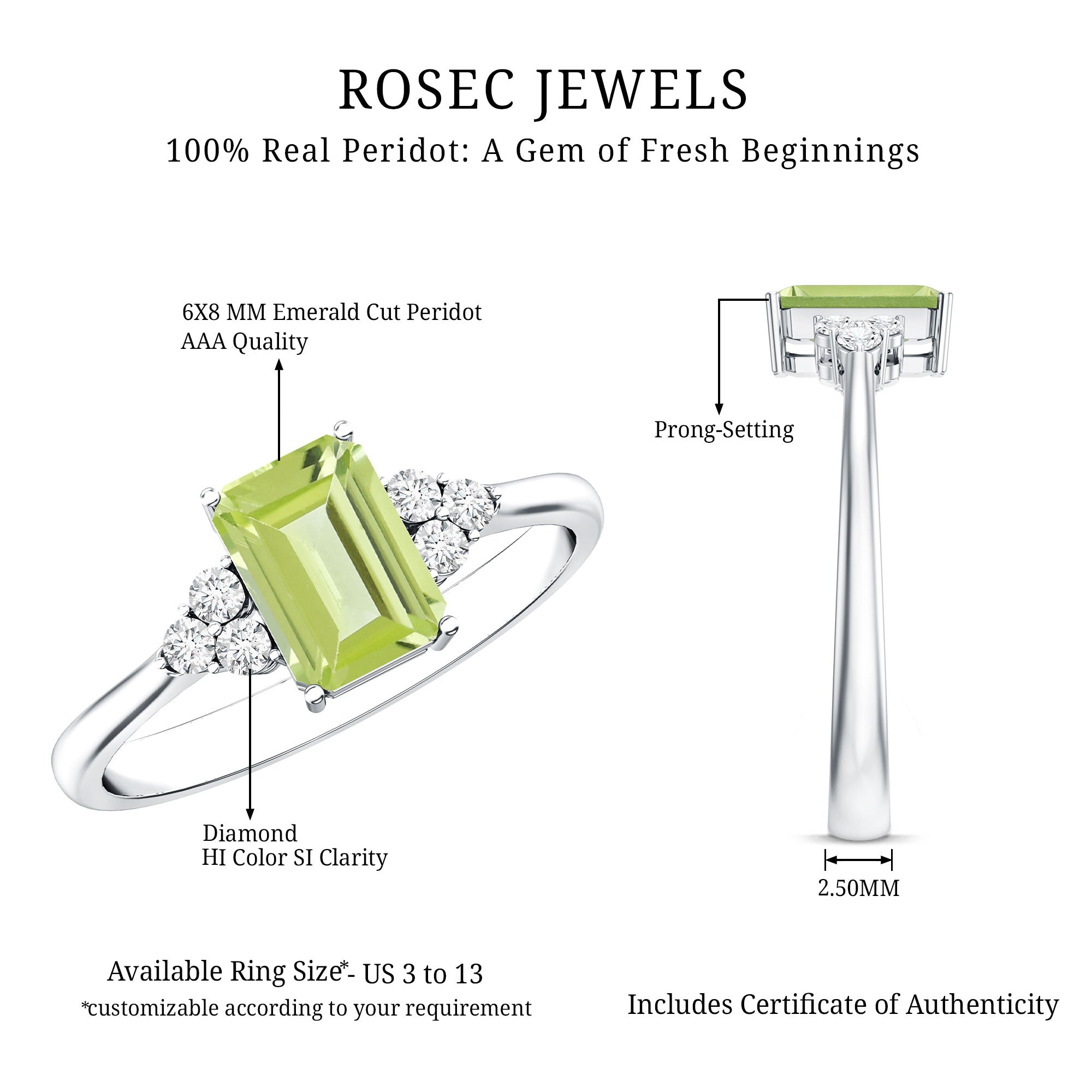 Peridot Engagement Ring – Emerald Cut AAA Quality Green Gemstone with Diamond Trio