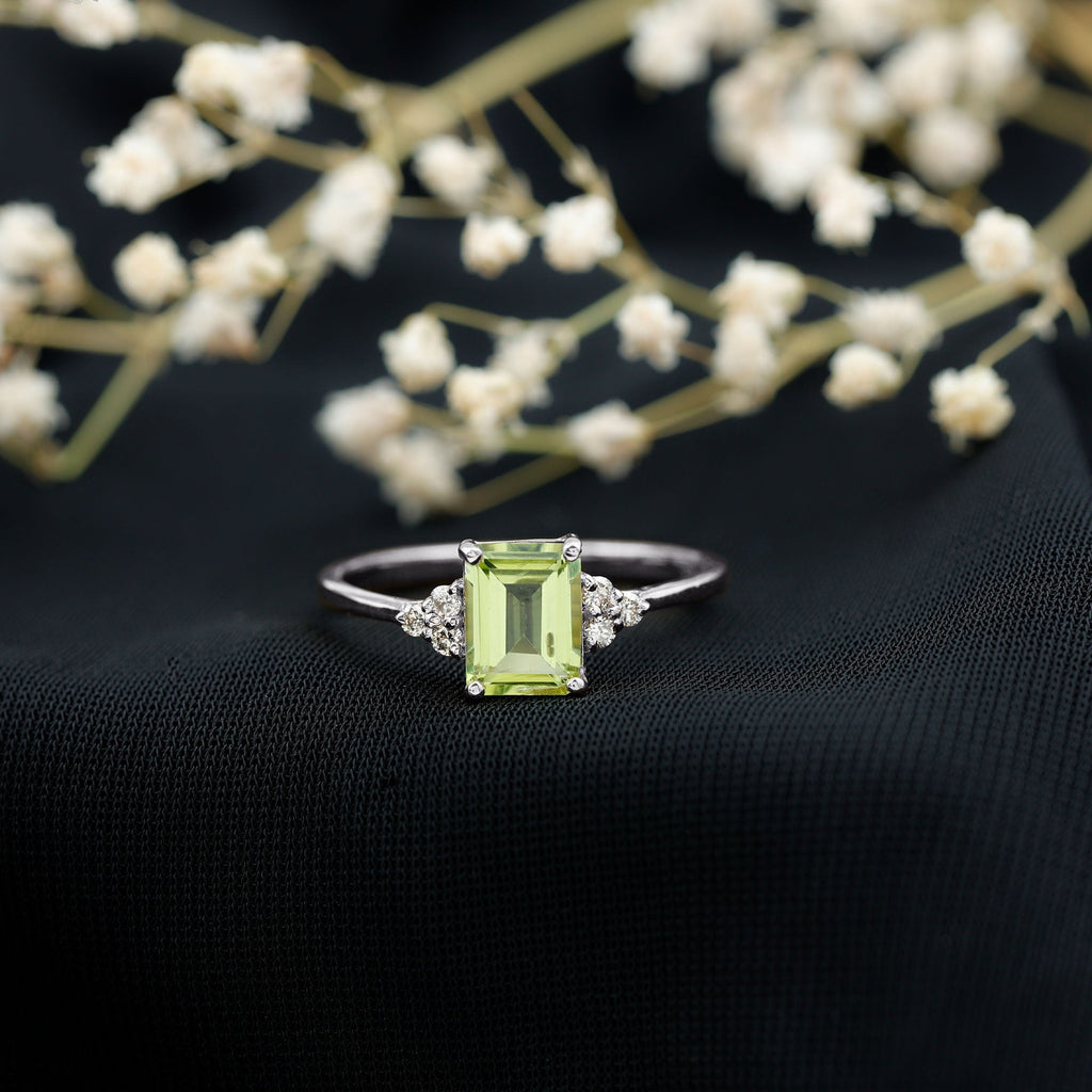 Peridot Engagement Ring – Emerald Cut AAA Quality Green Gemstone with Diamond Trio