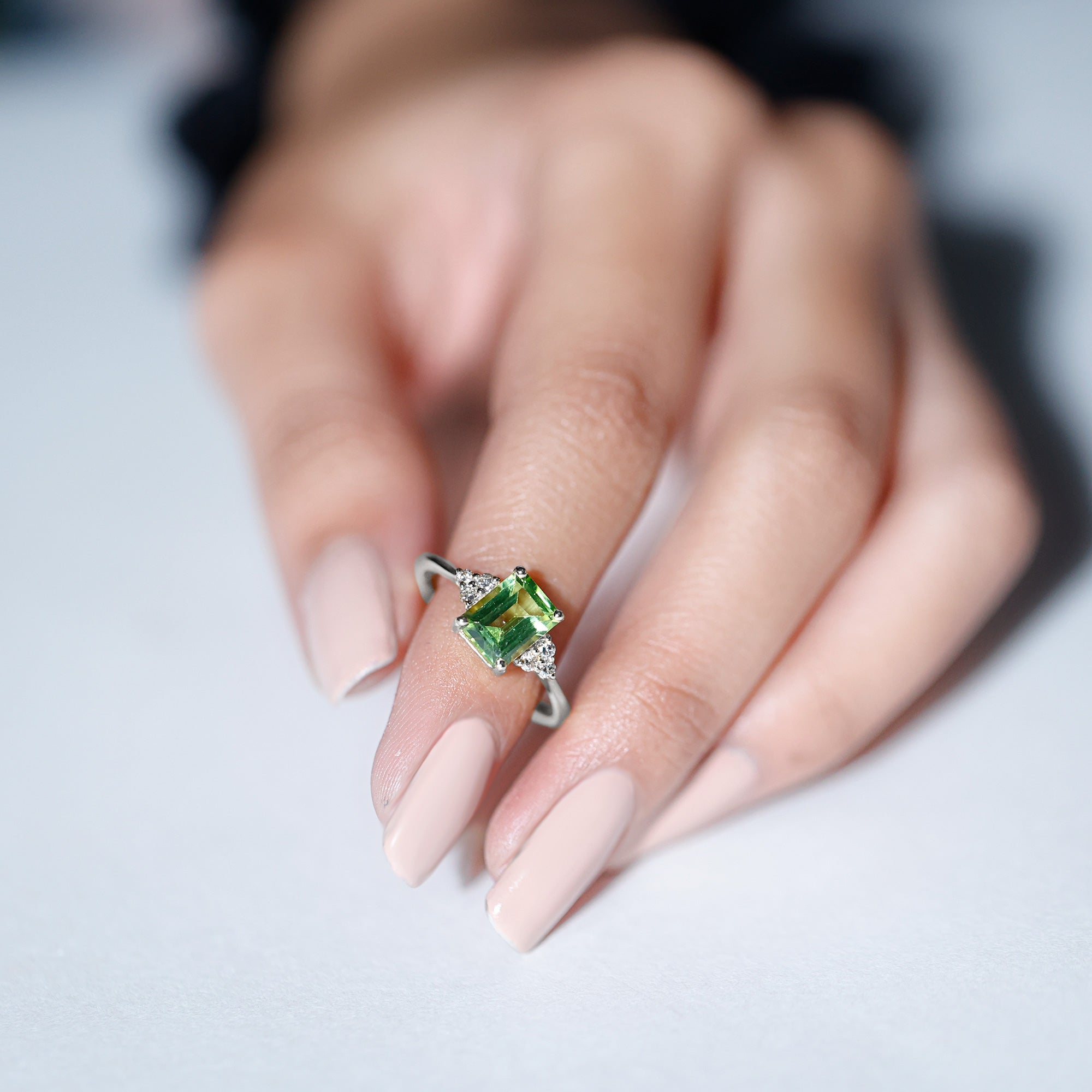 Peridot Engagement Ring – Emerald Cut AAA Quality Green Gemstone with Diamond Trio