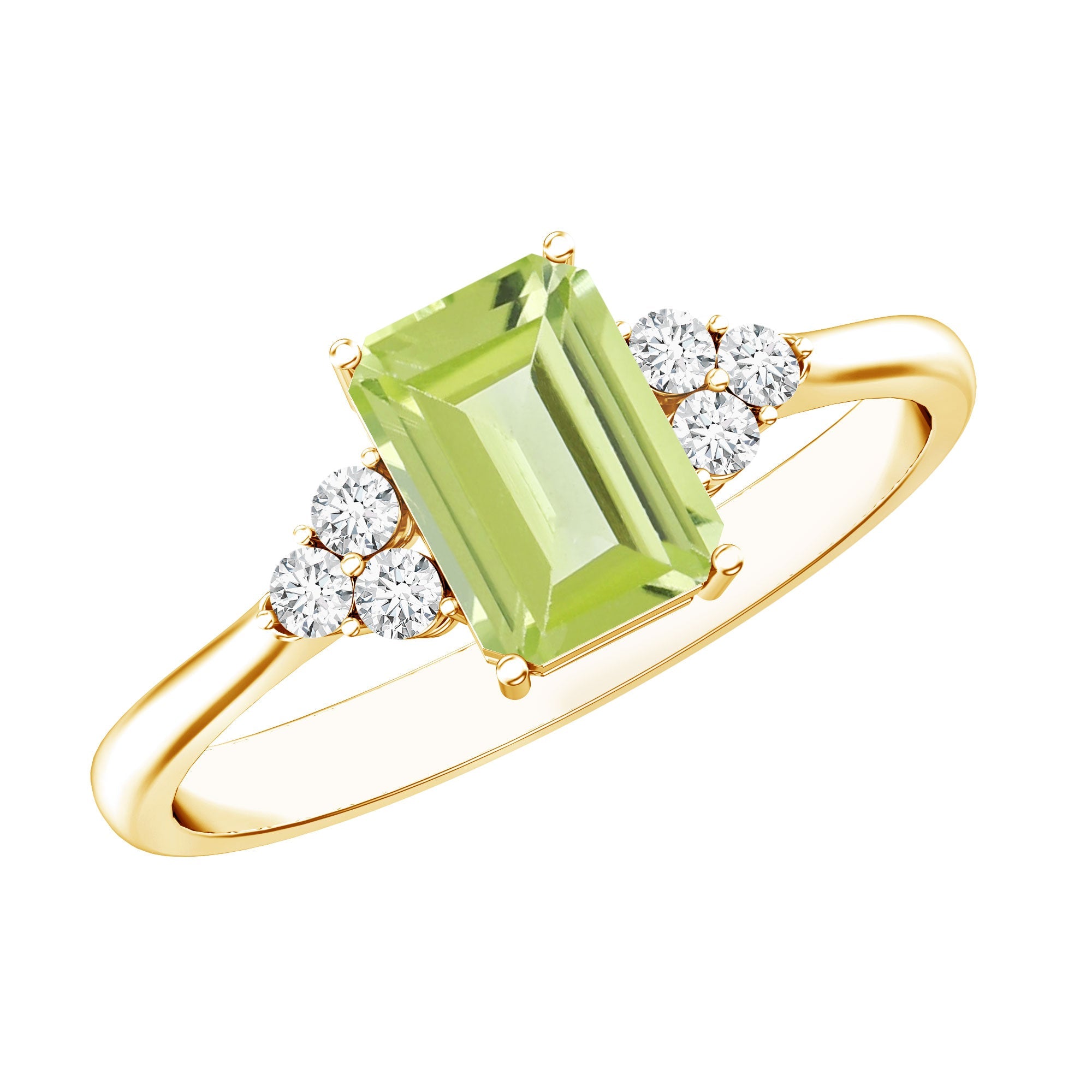 Peridot Engagement Ring – Emerald Cut AAA Quality Green Gemstone with Diamond Trio