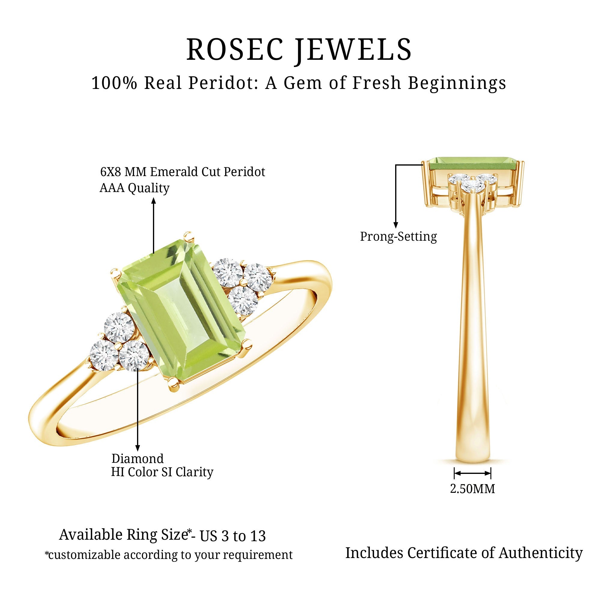 Peridot Engagement Ring – Emerald Cut AAA Quality Green Gemstone with Diamond Trio