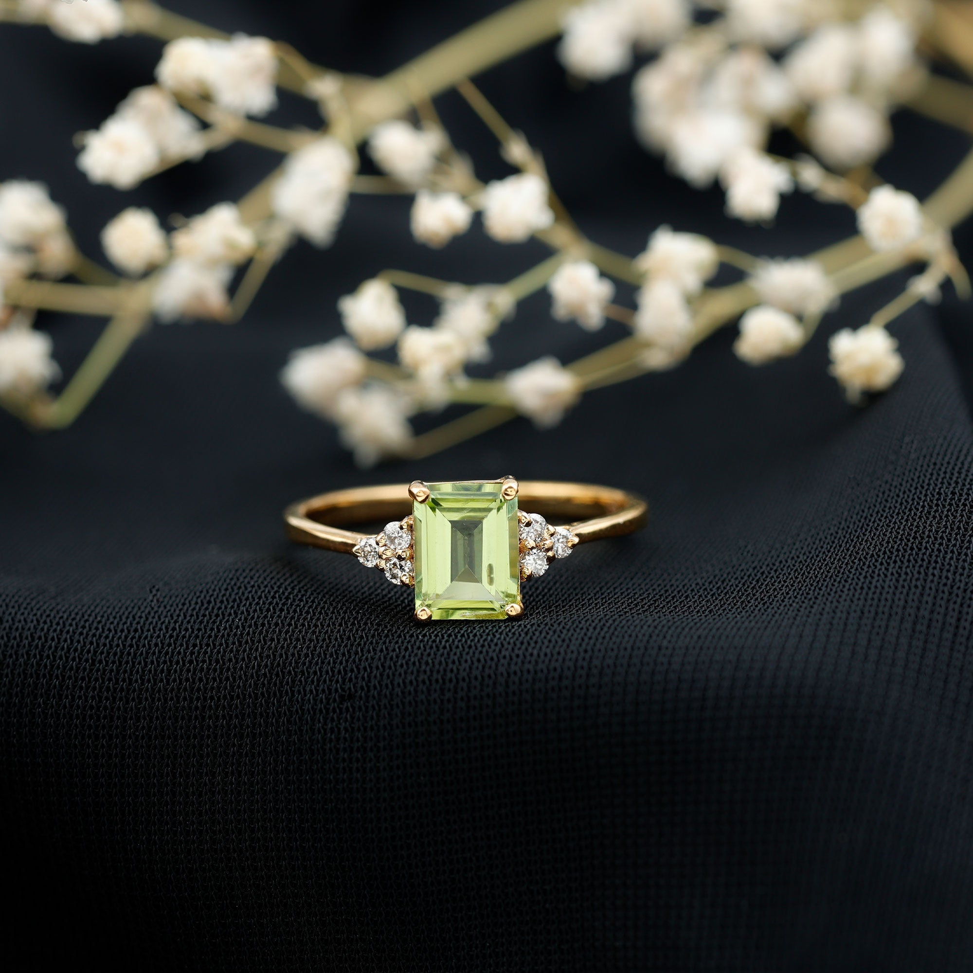 Peridot Engagement Ring – Emerald Cut AAA Quality Green Gemstone with Diamond Trio