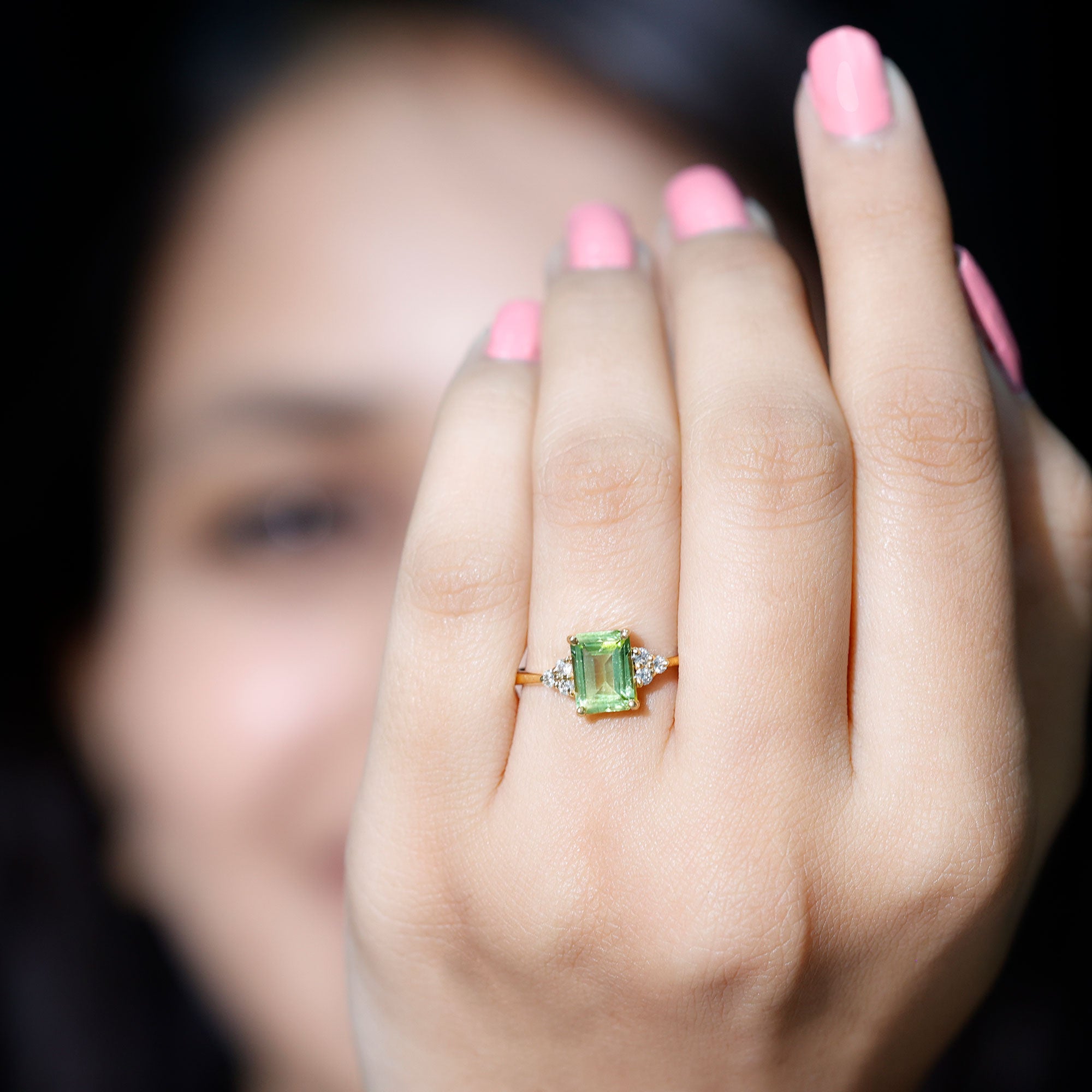 Peridot Engagement Ring – Emerald Cut AAA Quality Green Gemstone with Diamond Trio