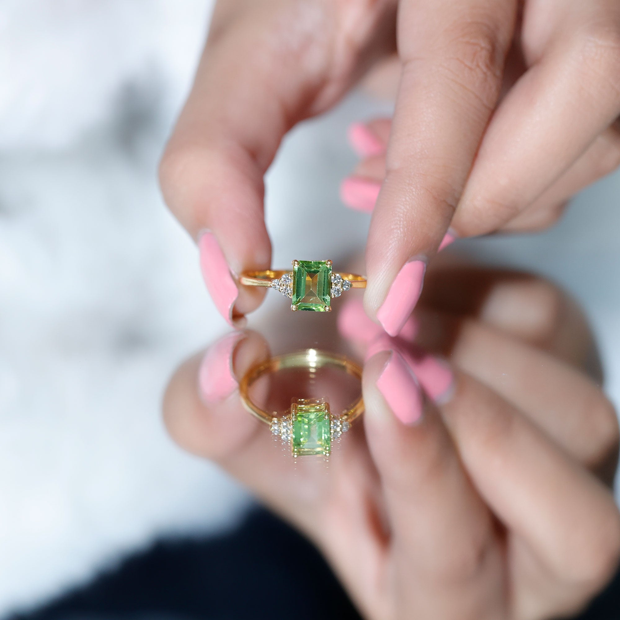 Peridot Engagement Ring – Emerald Cut AAA Quality Green Gemstone with Diamond Trio