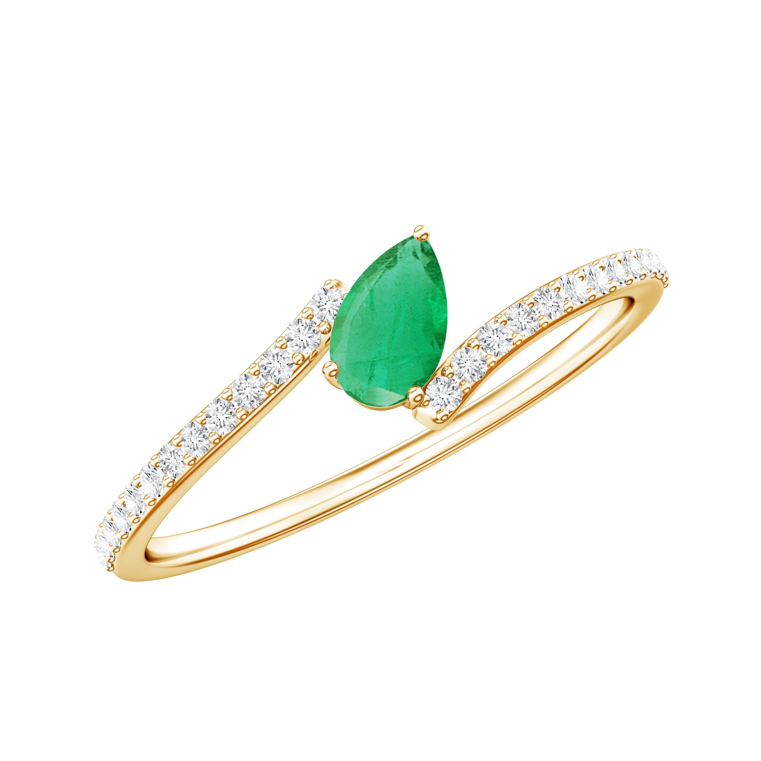 Emerald Promise Ring - Pear Shaped Diamond Bypass Ring With AAA Quality Emerald