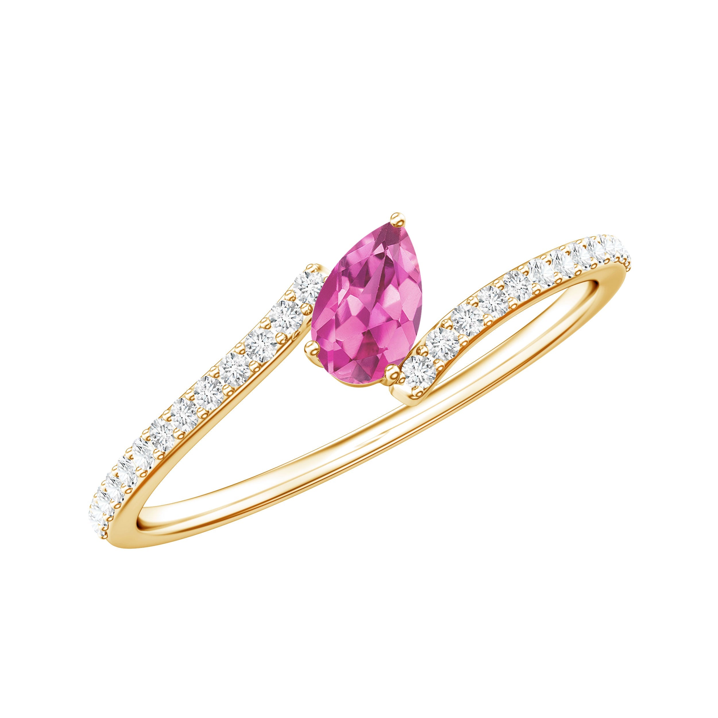 Pink Tourmaline Ring - Pear Shape Bypass Solitaire With Round Cut Diamonds In Rose Gold