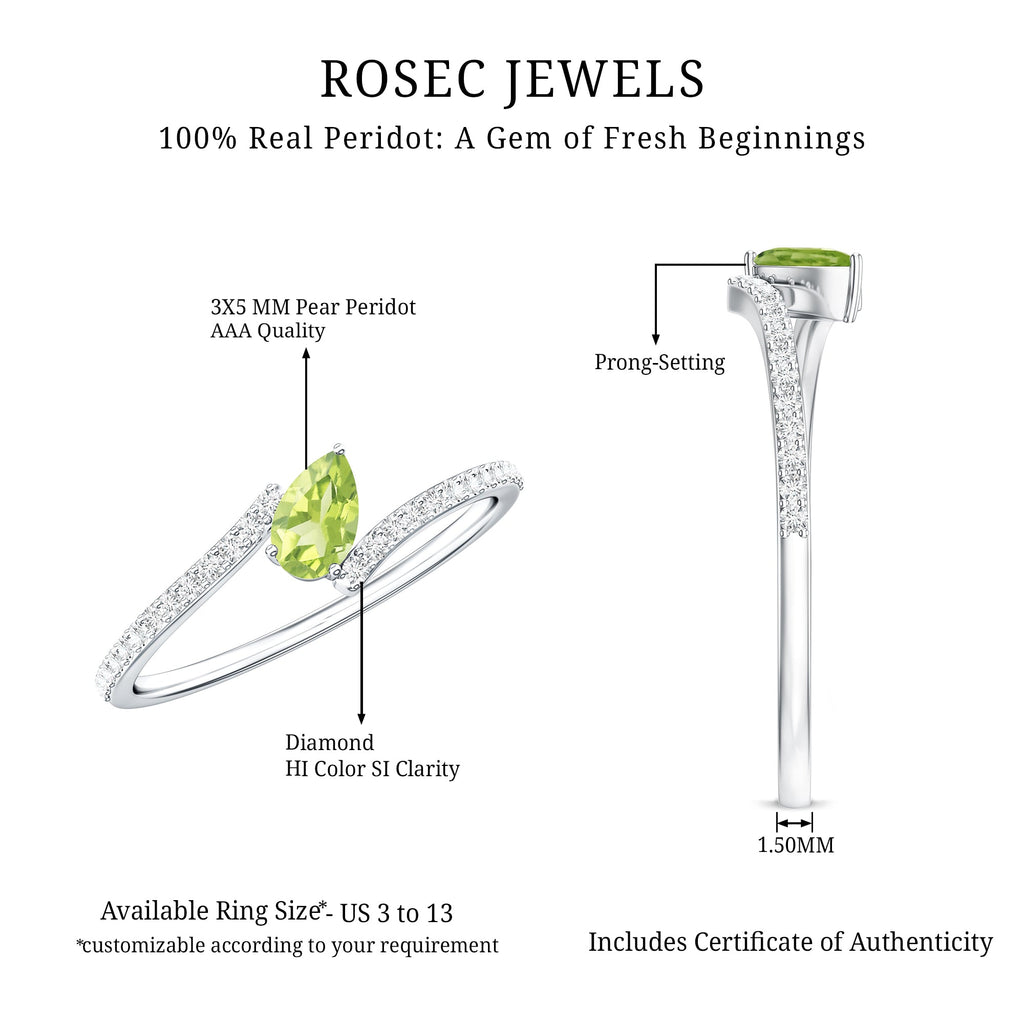 Peridot Promise Ring – Natural Pear Shape Green Gemstone with Diamond Bypass Shank