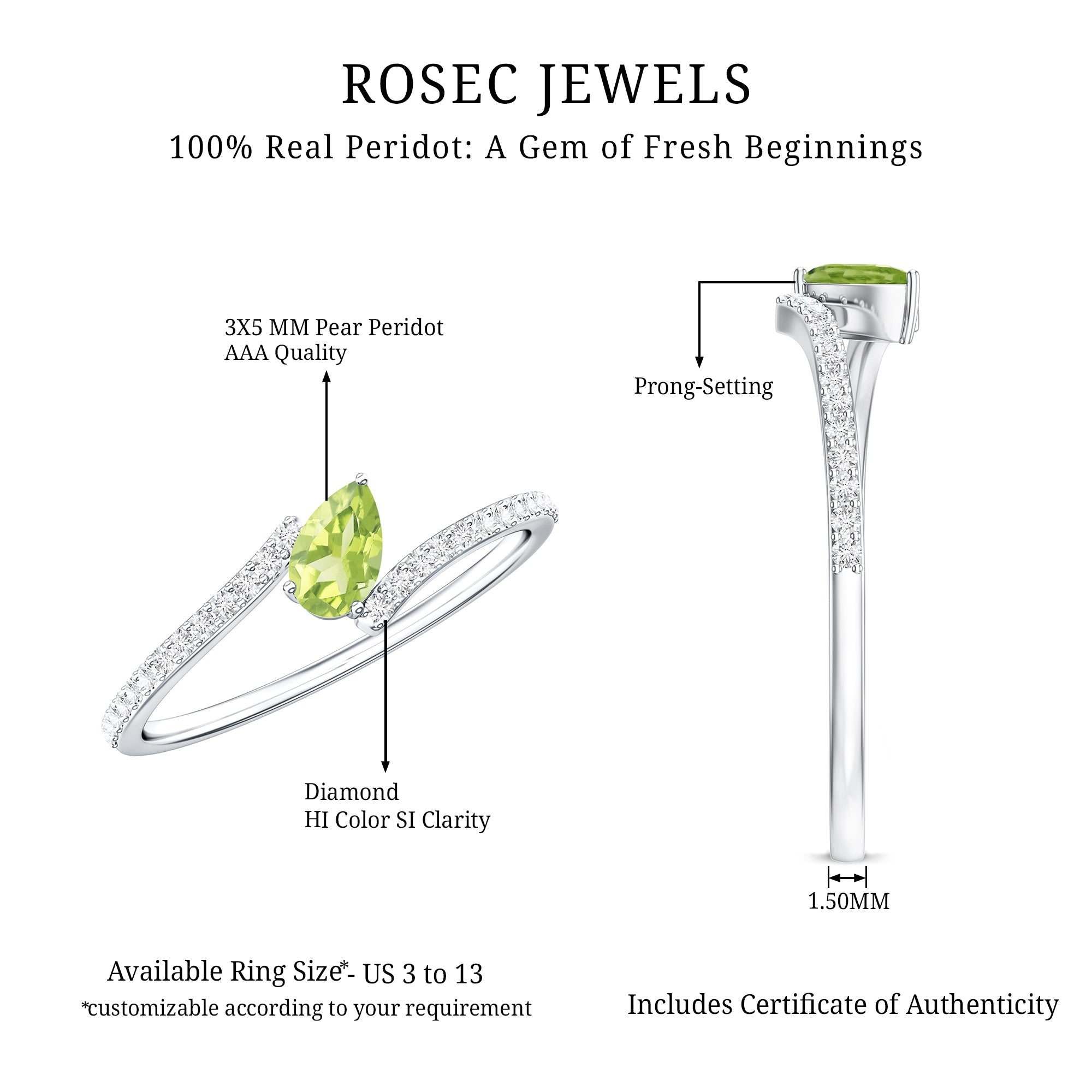 Peridot Promise Ring – Natural Pear Shape Green Gemstone with Diamond Bypass Shank