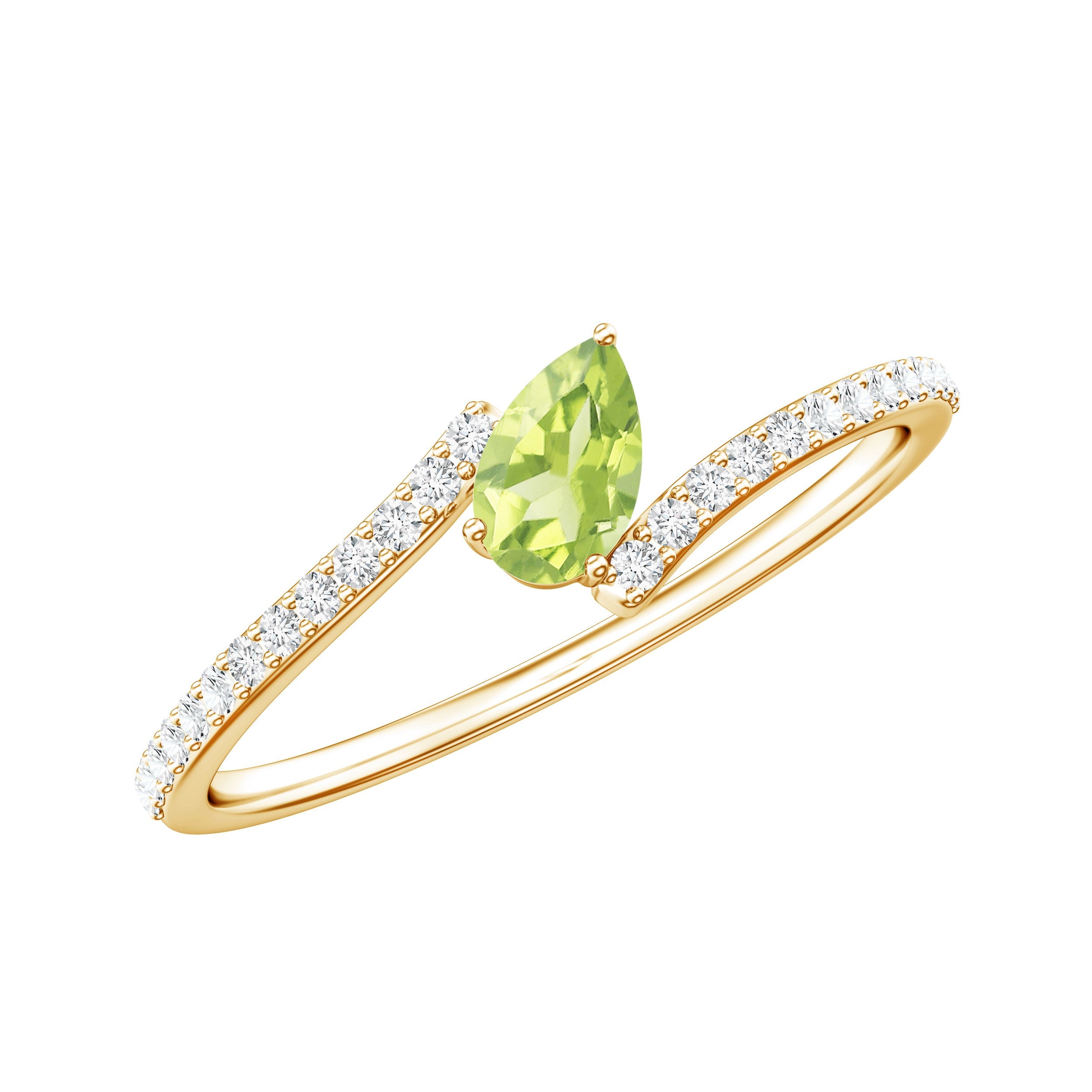 Peridot Promise Ring – Natural Pear Shape Green Gemstone with Diamond Bypass Shank