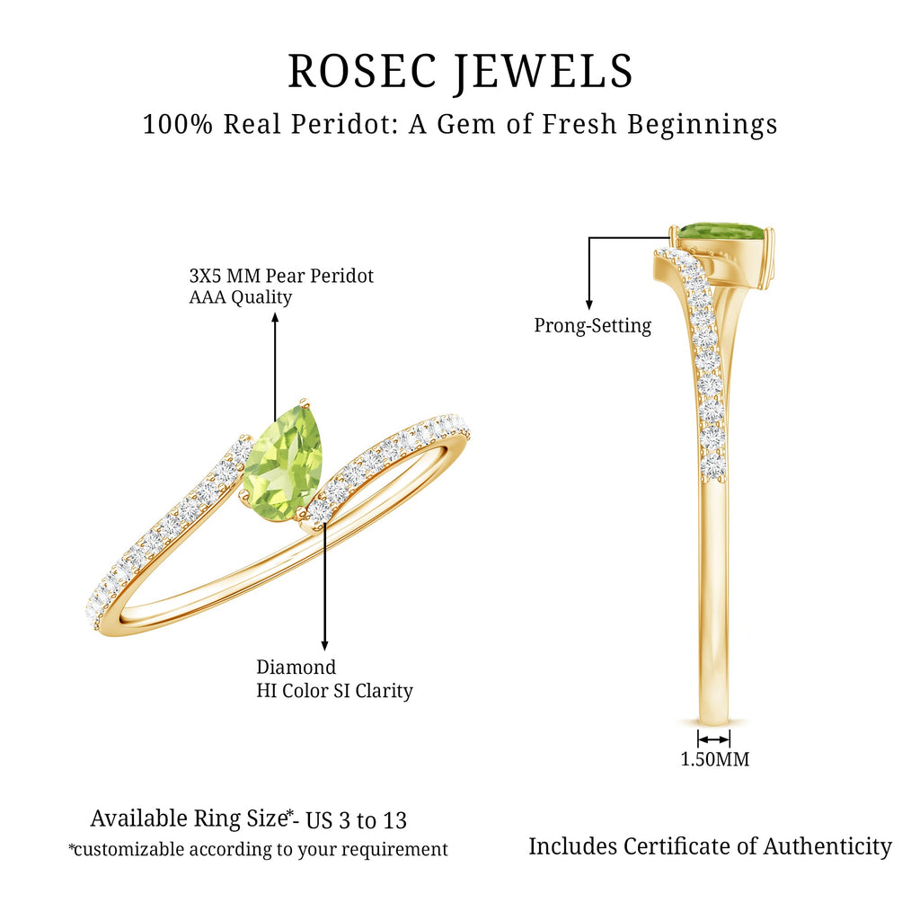 Peridot Promise Ring – Natural Pear Shape Green Gemstone with Diamond Bypass Shank