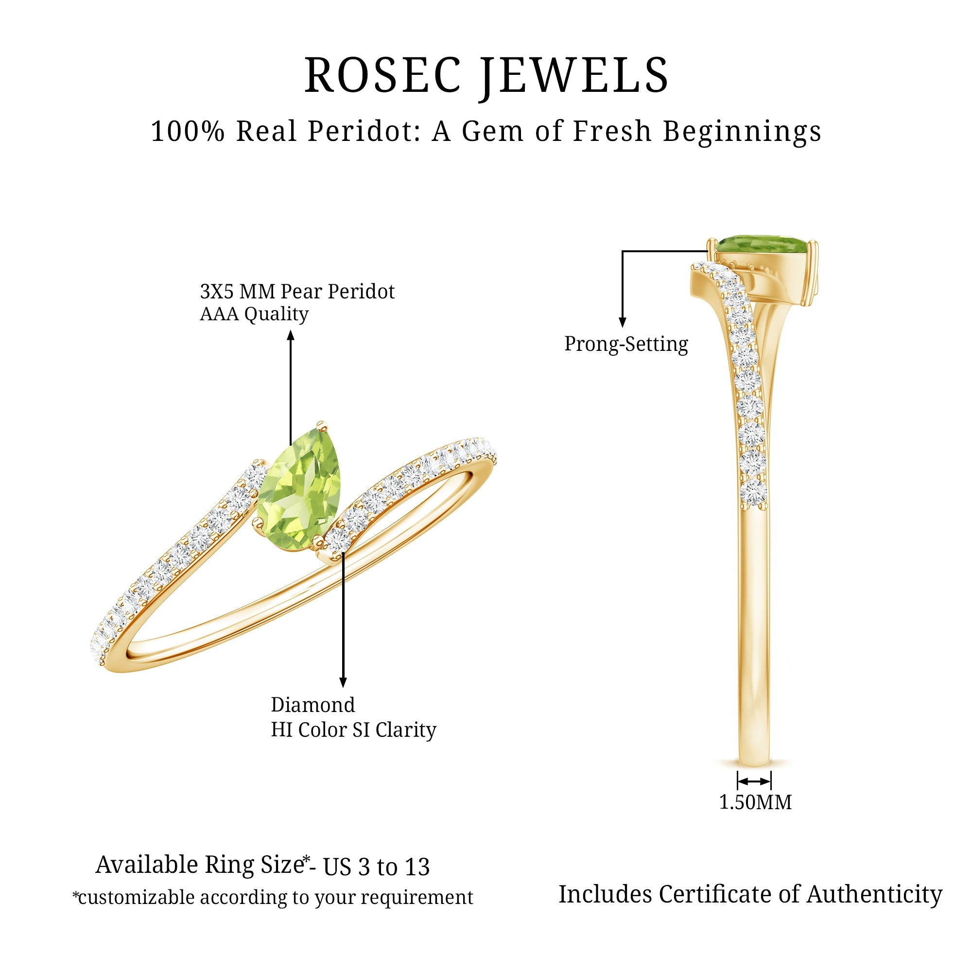 Peridot Promise Ring – Natural Pear Shape Green Gemstone with Diamond Bypass Shank