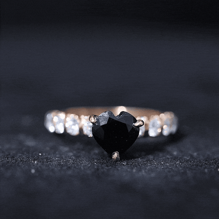 Natural 2 Carat Black Spinel Heart Engagement Ring with Diamond Side Stones