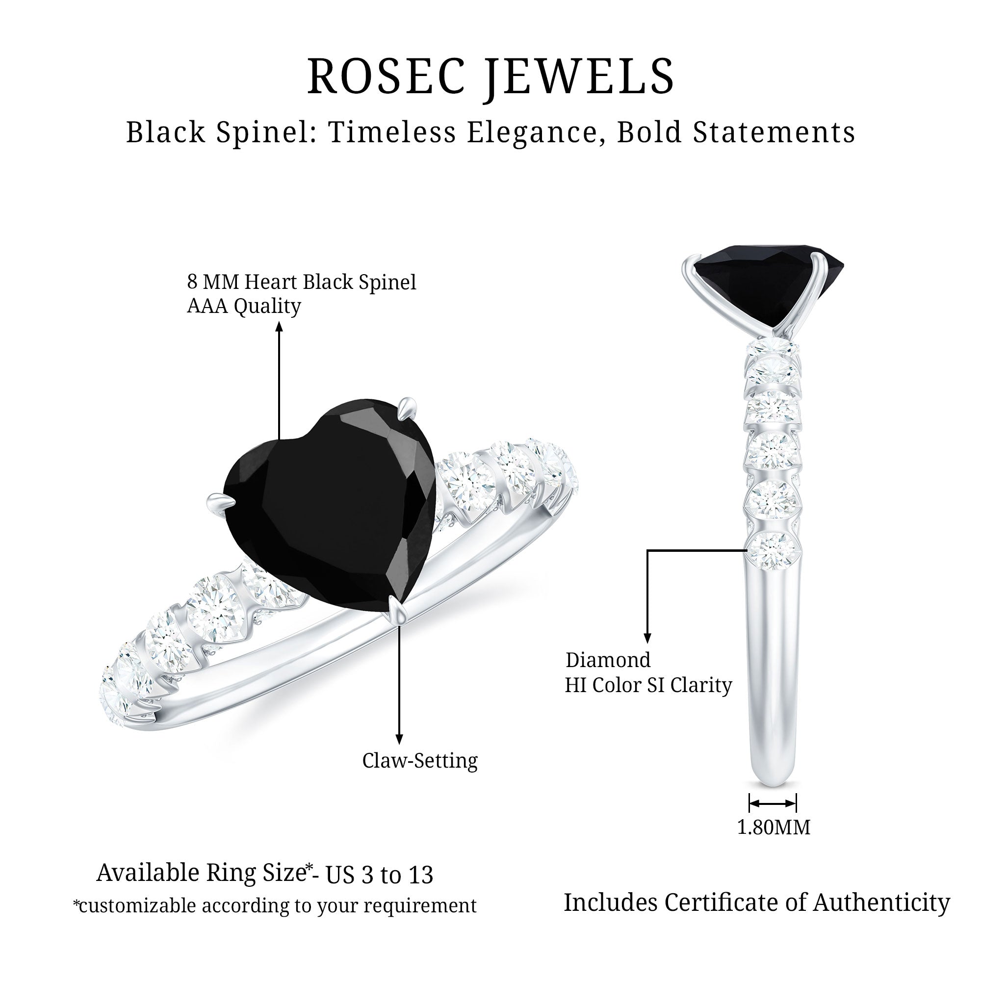Natural 2 Carat Black Spinel Heart Engagement Ring with Diamond Side Stones