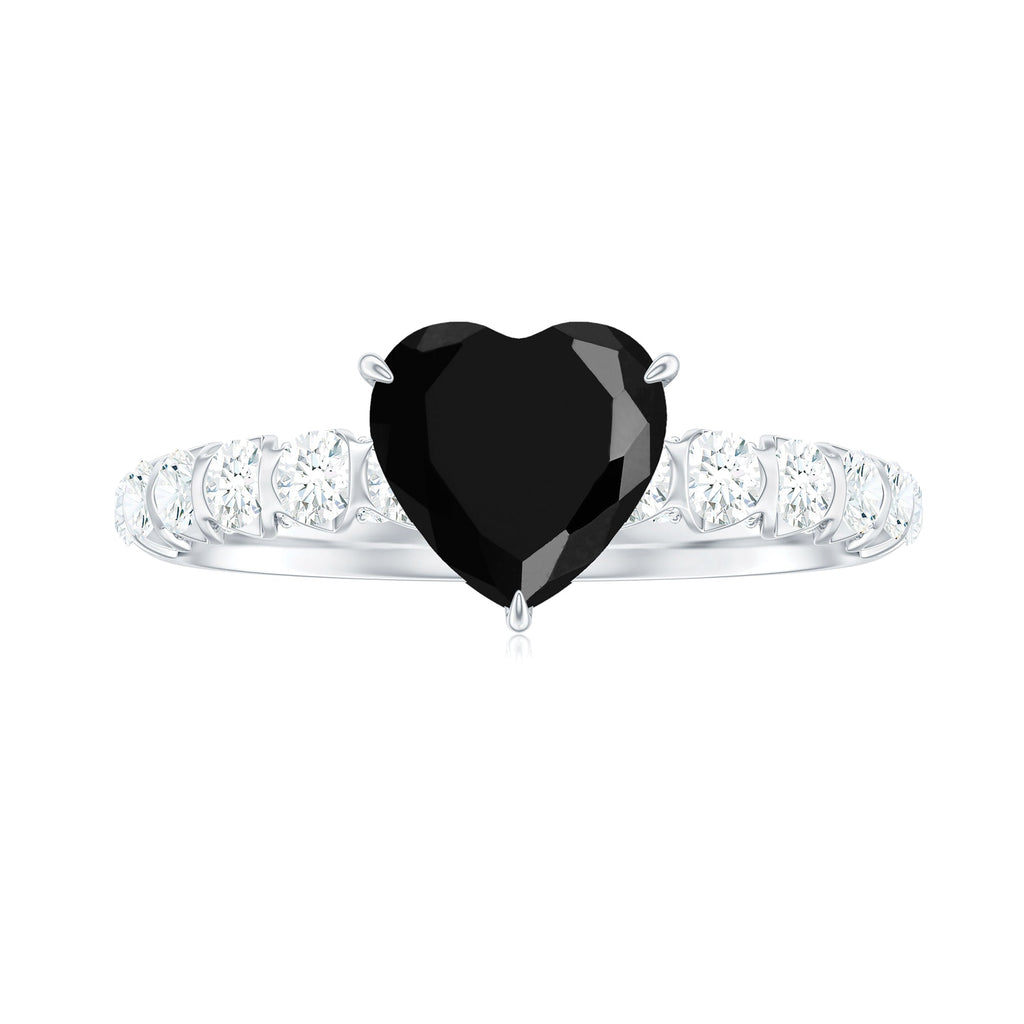 Natural 2 Carat Black Spinel Heart Engagement Ring with Diamond Side Stones
