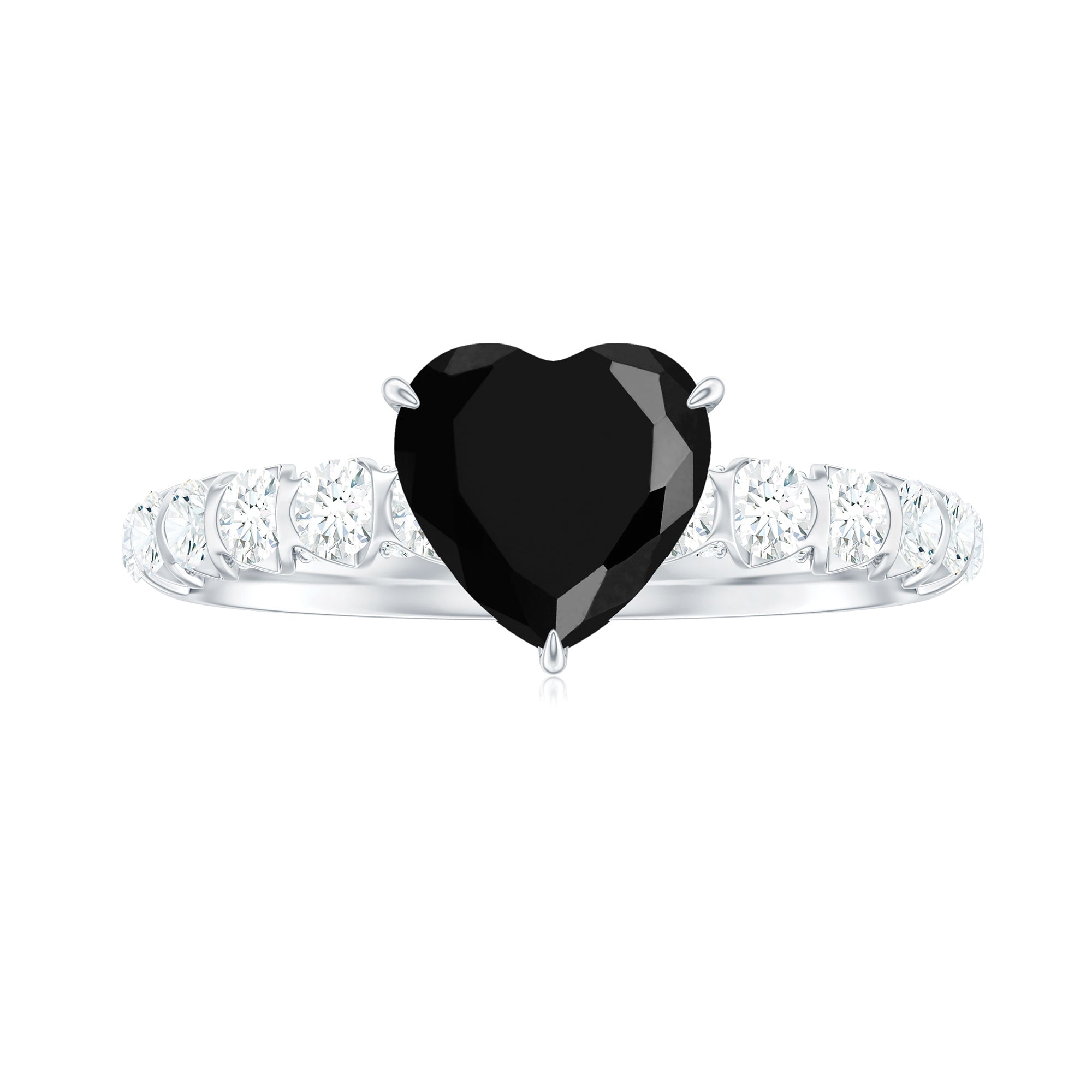 Natural 2 Carat Black Spinel Heart Engagement Ring with Diamond Side Stones
