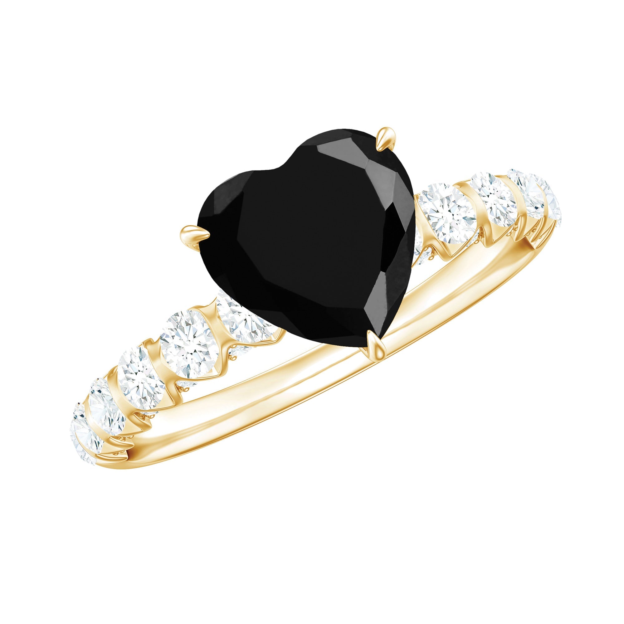 Natural 2 Carat Black Spinel Heart Engagement Ring with Diamond Side Stones