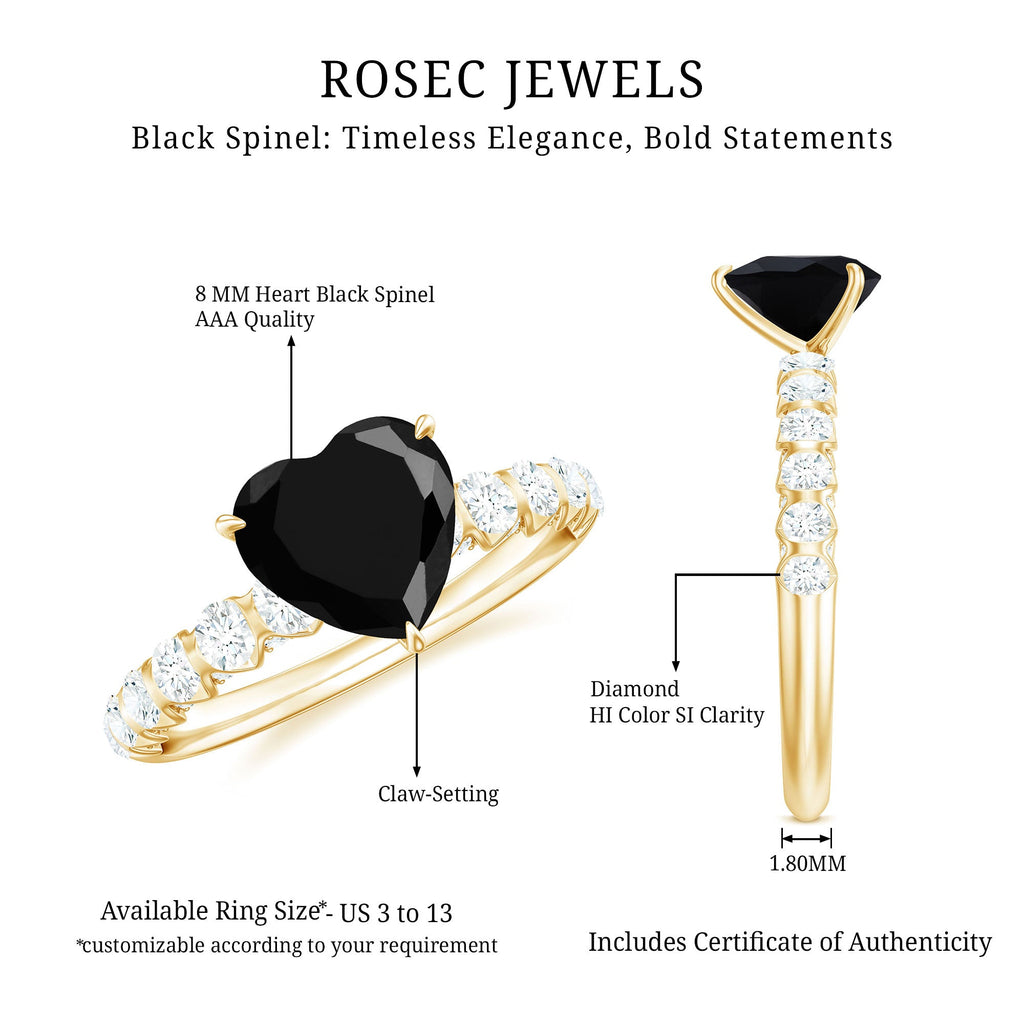 Natural 2 Carat Black Spinel Heart Engagement Ring with Diamond Side Stones