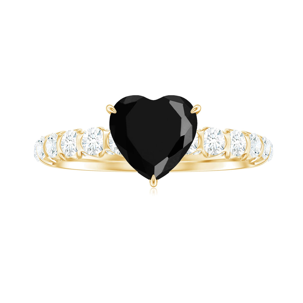 Natural 2 Carat Black Spinel Heart Engagement Ring with Diamond Side Stones