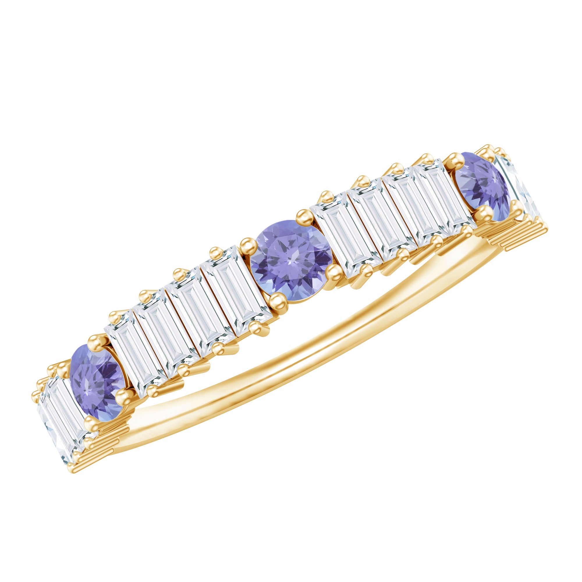 Tanzanite Eternity Ring - Half Eternity Band With Baguette Diamond Stones