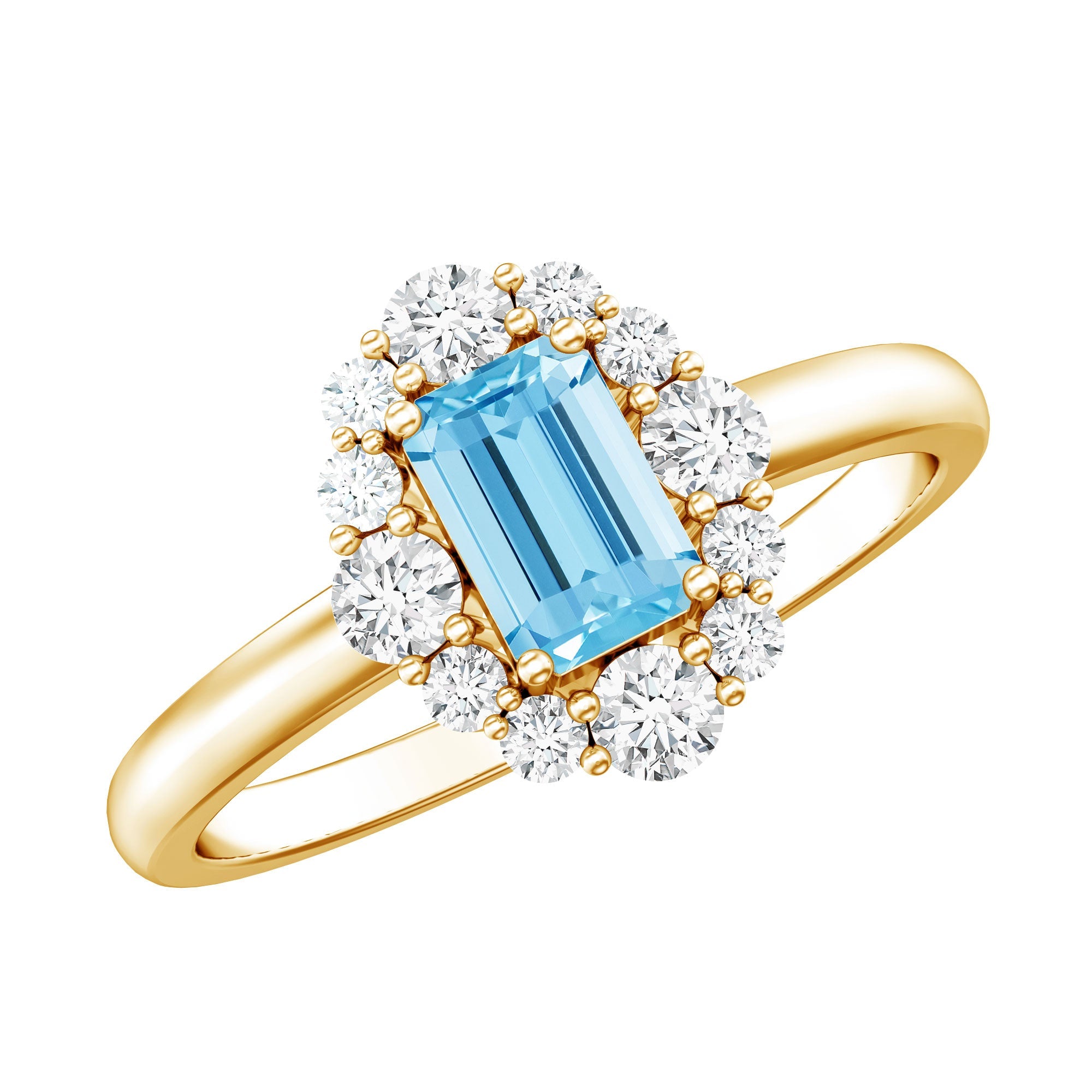 Octagon Aquamarine Ring – Diamond Halo Engagement Ring with Blue Gemstone Elegance