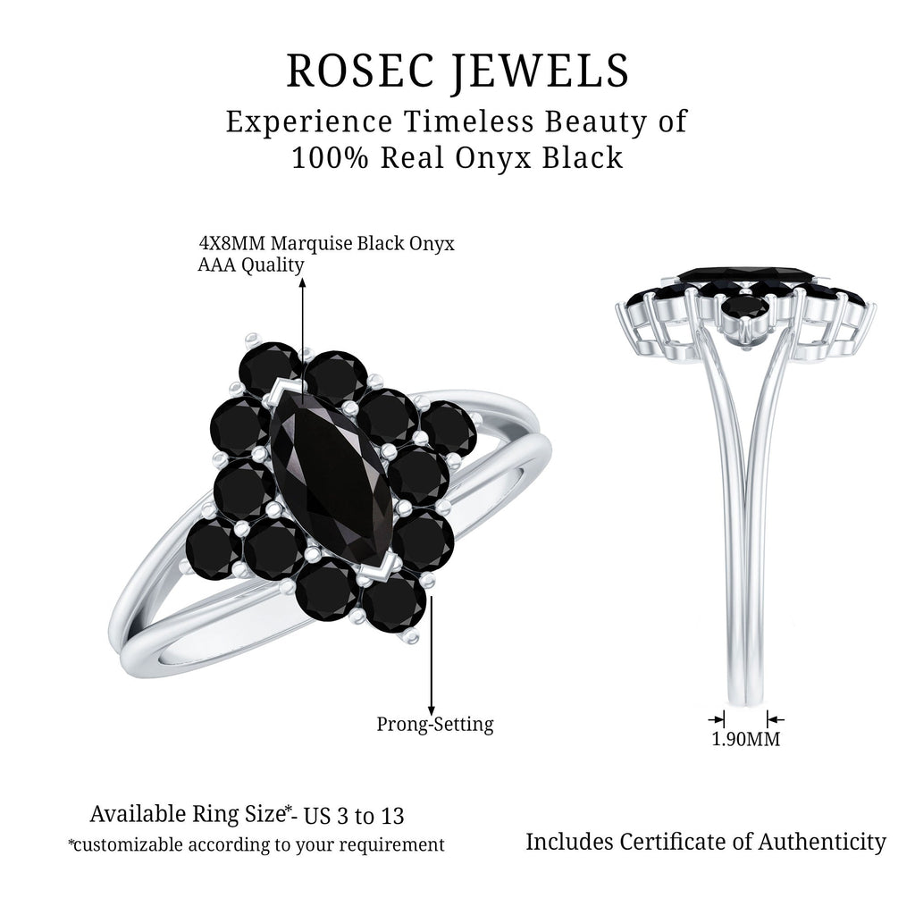 Certified Black Onyx Cluster Cocktail Ring with Split Shank