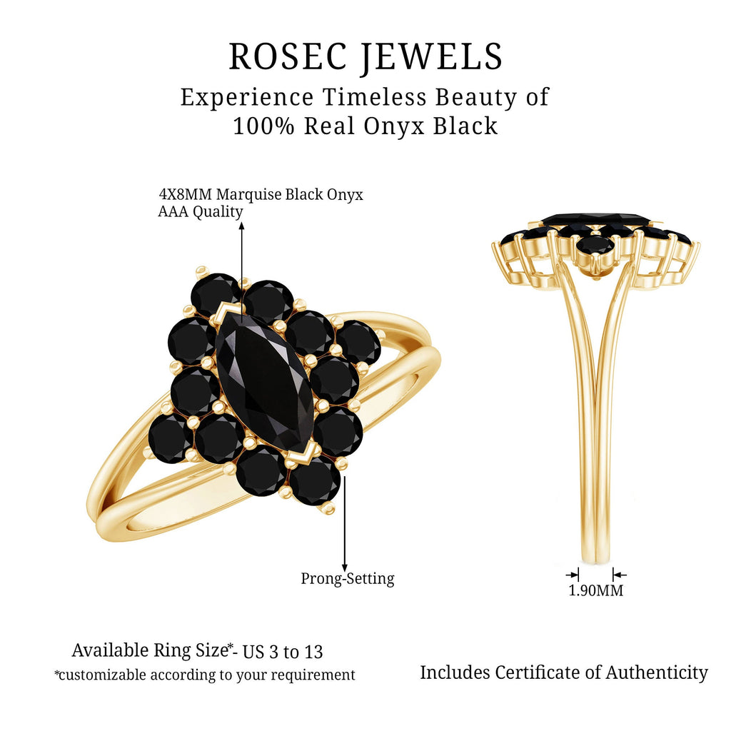 Certified Black Onyx Cluster Cocktail Ring with Split Shank