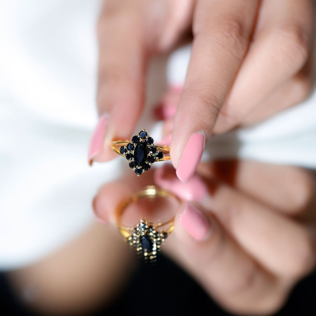 Certified Black Onyx Cluster Cocktail Ring with Split Shank
