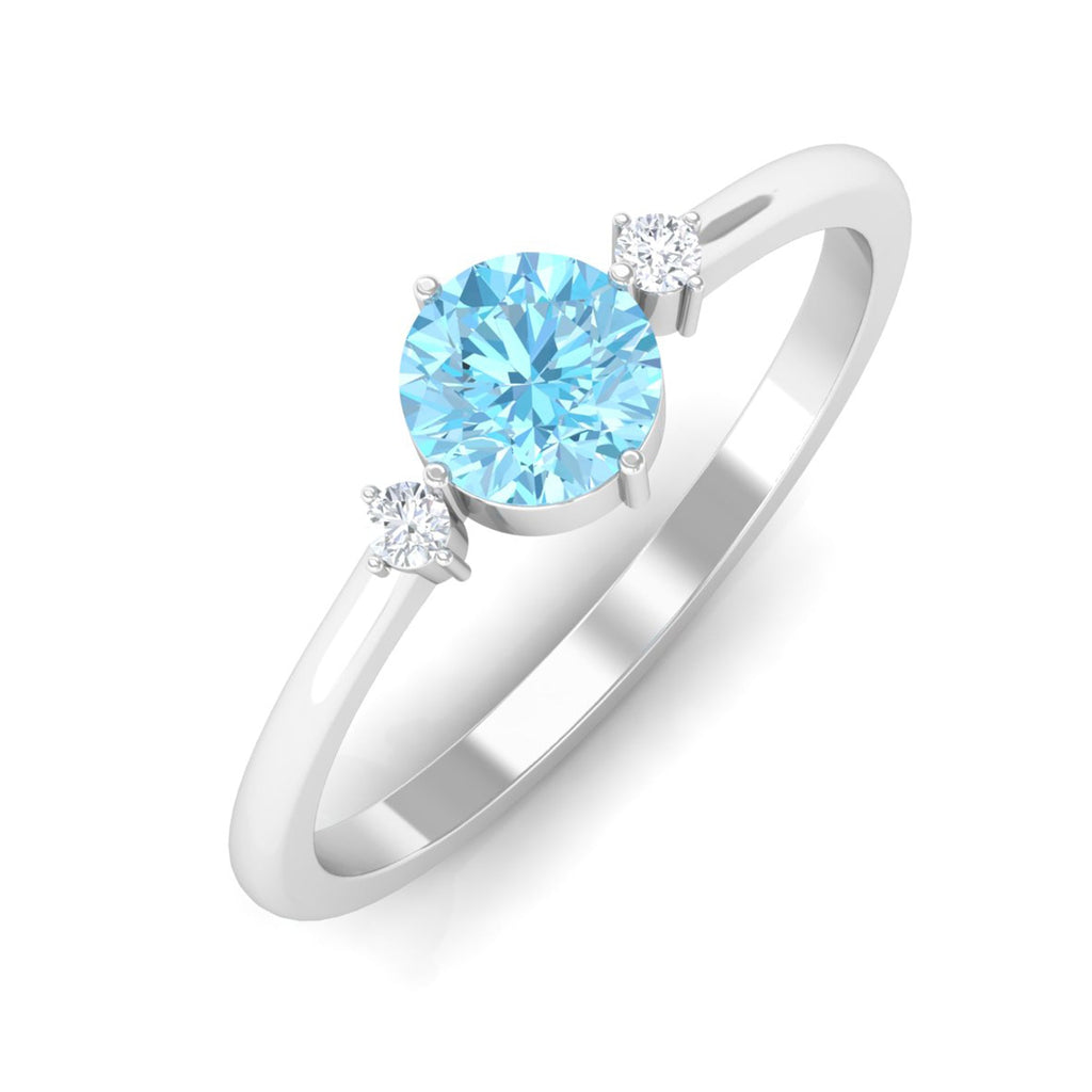 Aquamarine Promise Ring – 0.8 Carat Round Blue Gemstone | Dainty Diamond Accent