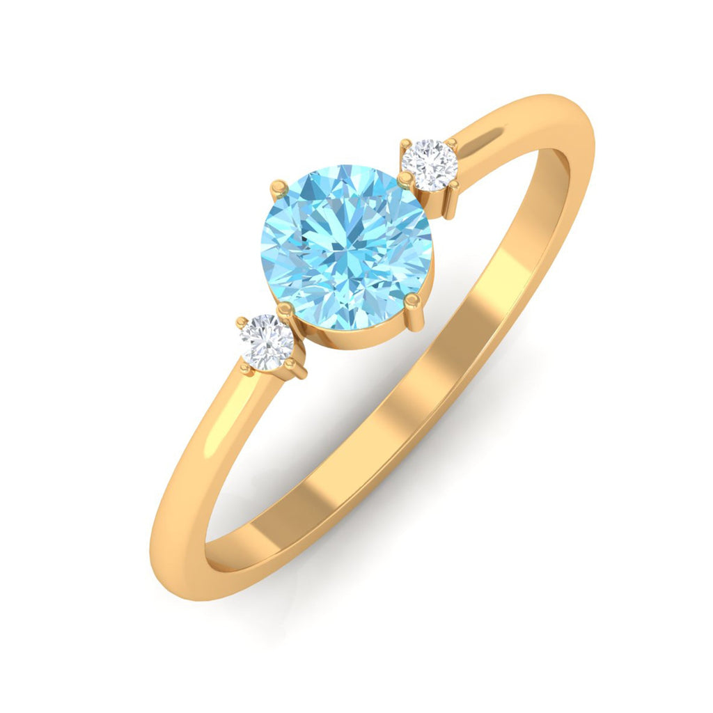 Aquamarine Promise Ring – 0.8 Carat Round Blue Gemstone | Dainty Diamond Accent