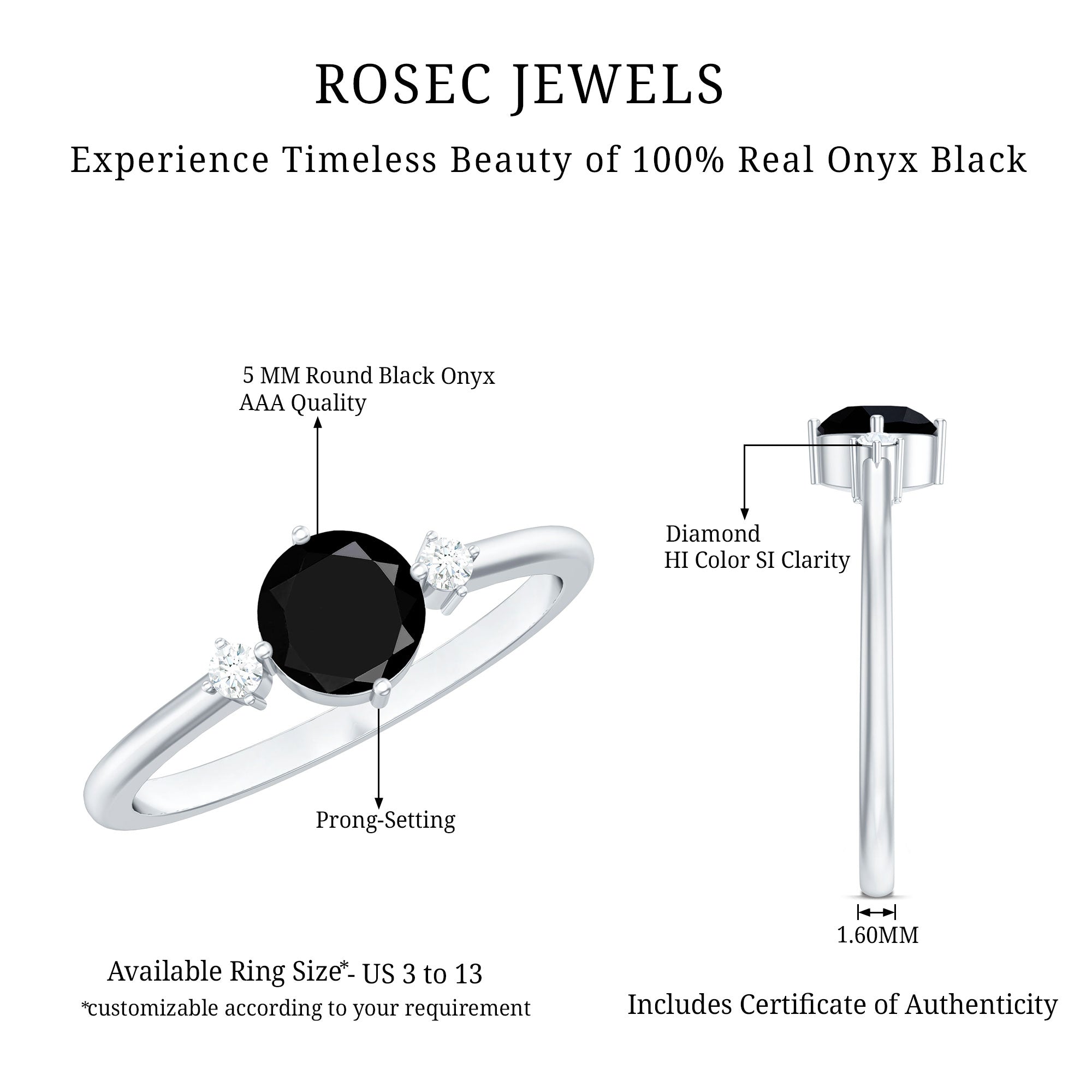 0.4 Carat Round Black Onyx Minimal Promise Ring with Diamond