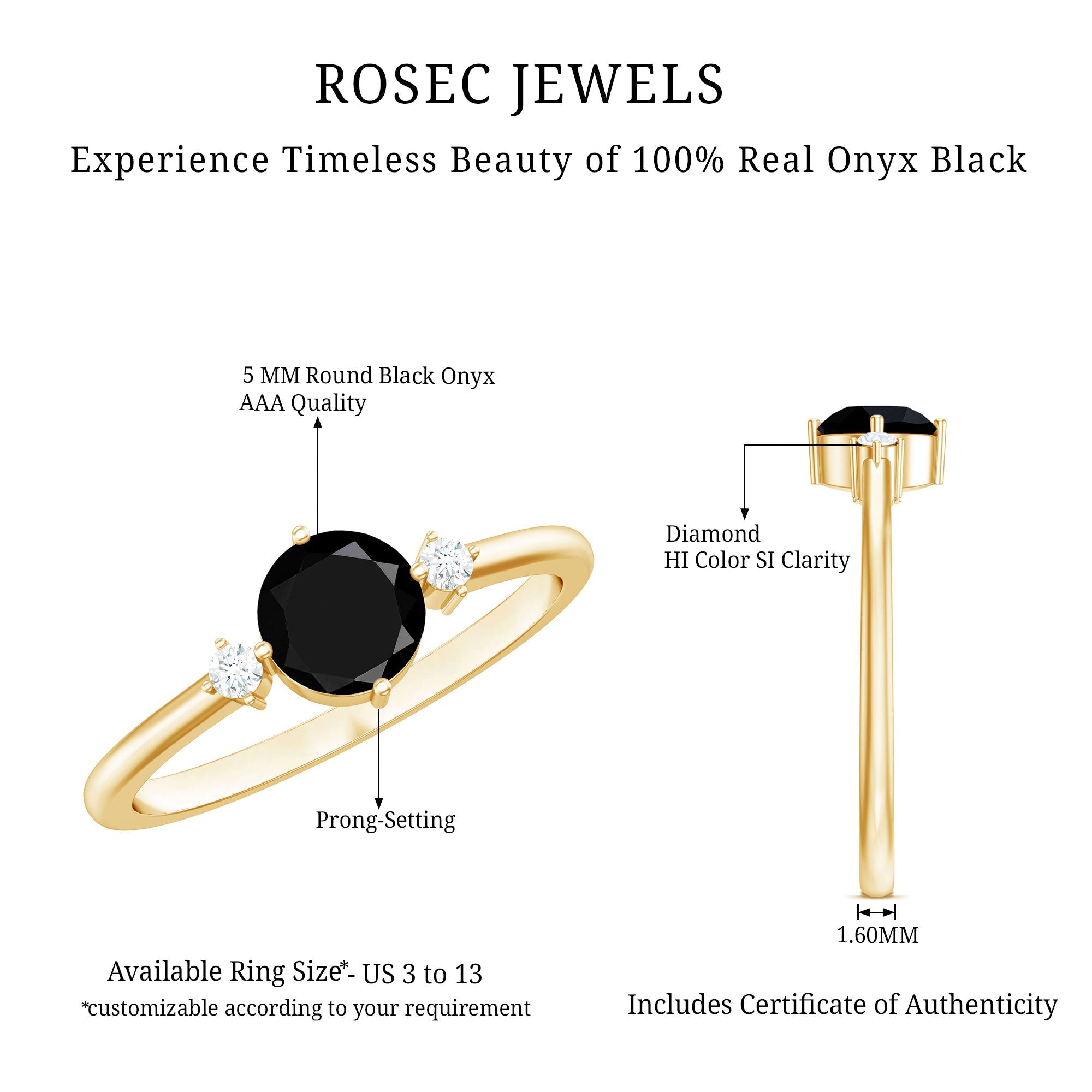0.4 Carat Round Black Onyx Minimal Promise Ring with Diamond