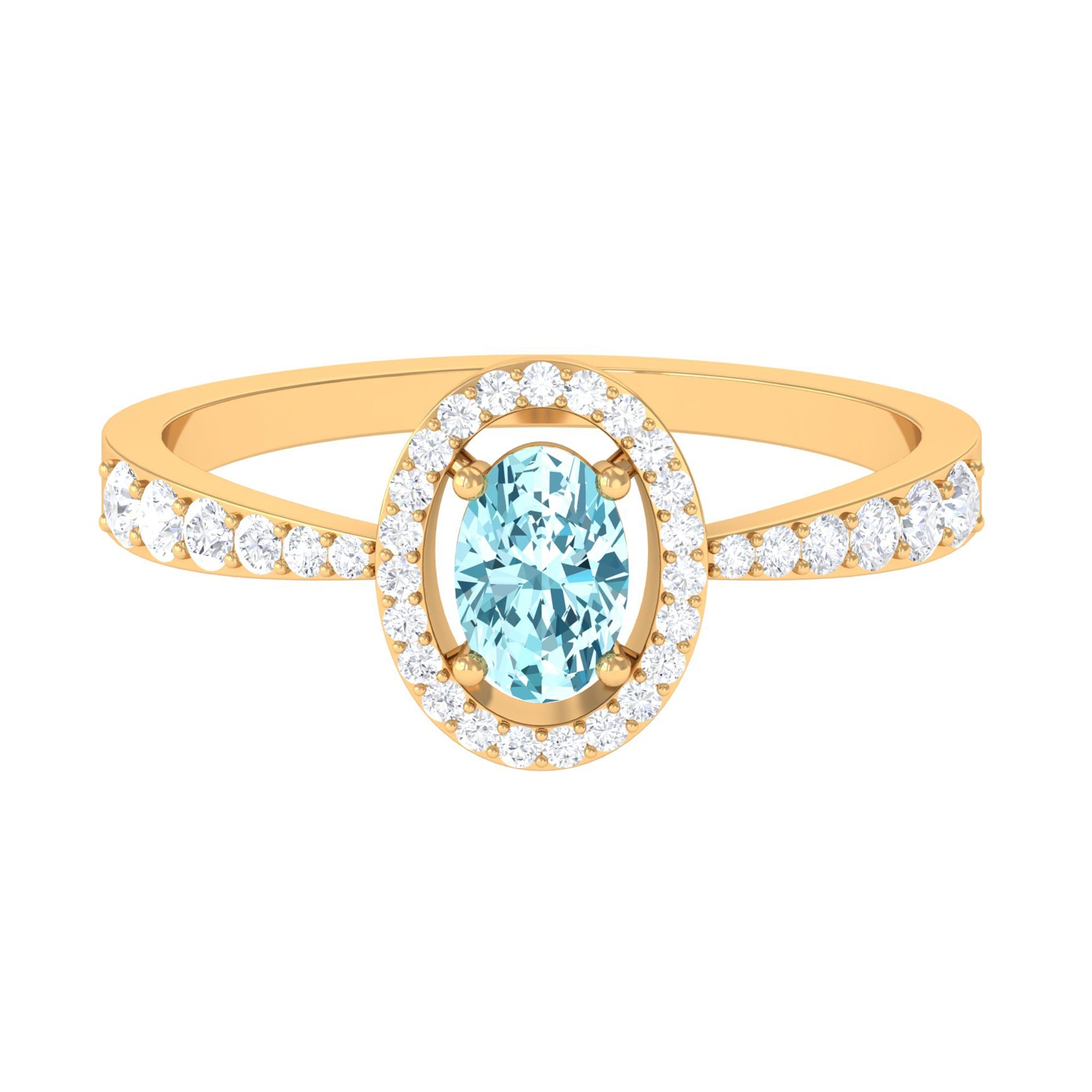Aquamarine Engagement Ring – Oval Blue Gemstone with Diamond Halo Setting