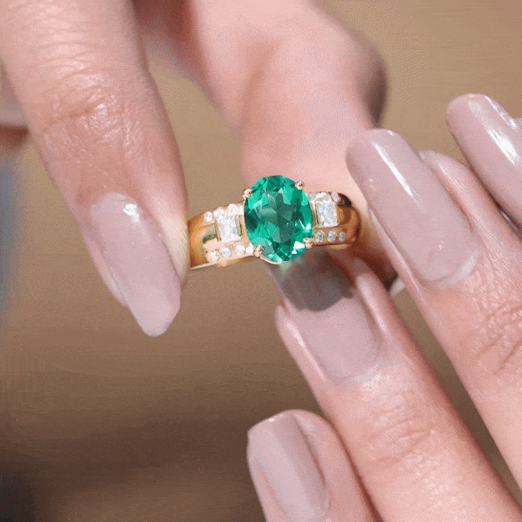 Lab Grown Emerald Ring – 3 Carat Oval Engagement Ring With Princess Cut Diamonds