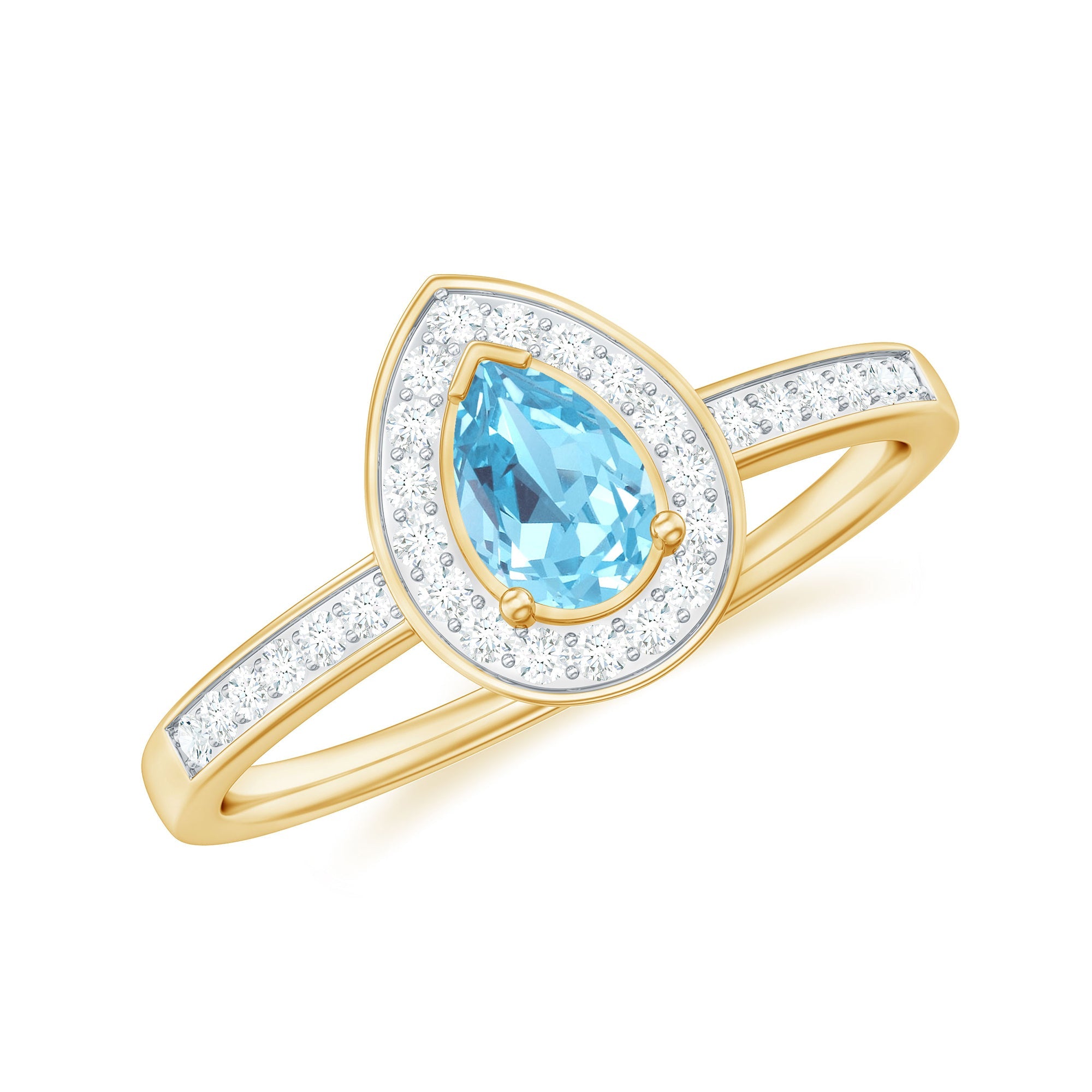 Aquamarine Engagement Ring – Pear Shape Blue Gemstone with Diamond Halo Setting