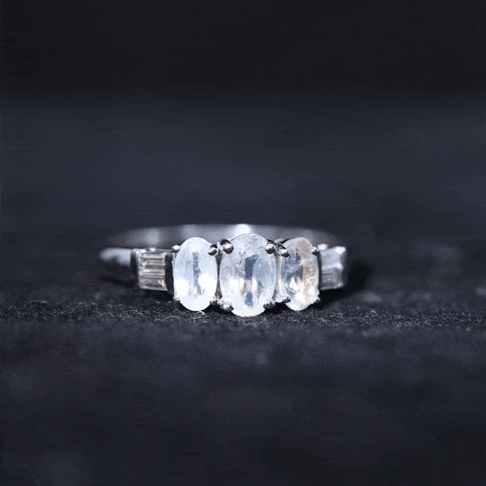 Moonstone Anniversary Ring – Oval Three Stone Ring with Baguette Diamond Accents