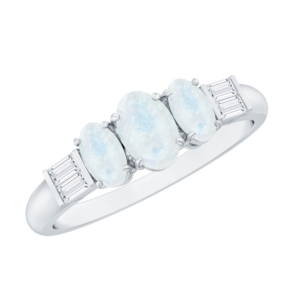 Moonstone Anniversary Ring – Oval Three Stone Ring with Baguette Diamond Accents