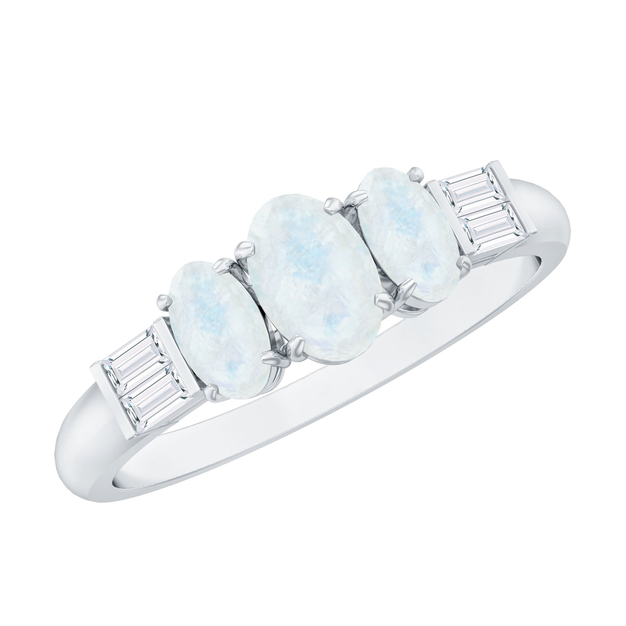Moonstone Anniversary Ring – Oval Three Stone Ring with Baguette Diamond Accents