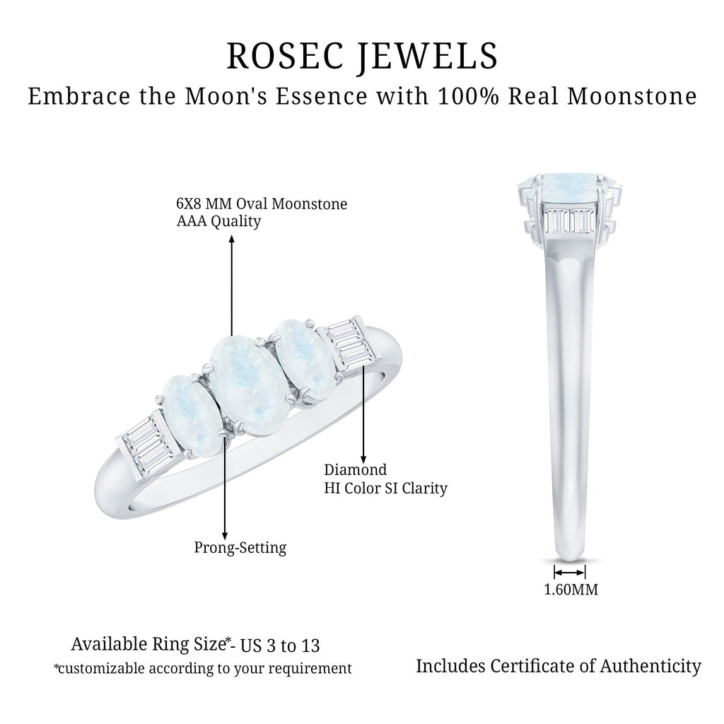 Moonstone Anniversary Ring – Oval Three Stone Ring with Baguette Diamond Accents