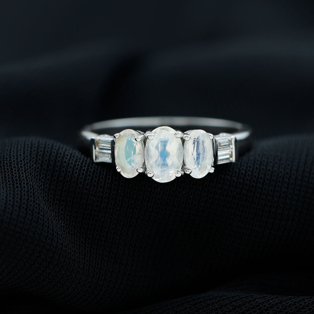 Moonstone Anniversary Ring – Oval Three Stone Ring with Baguette Diamond Accents