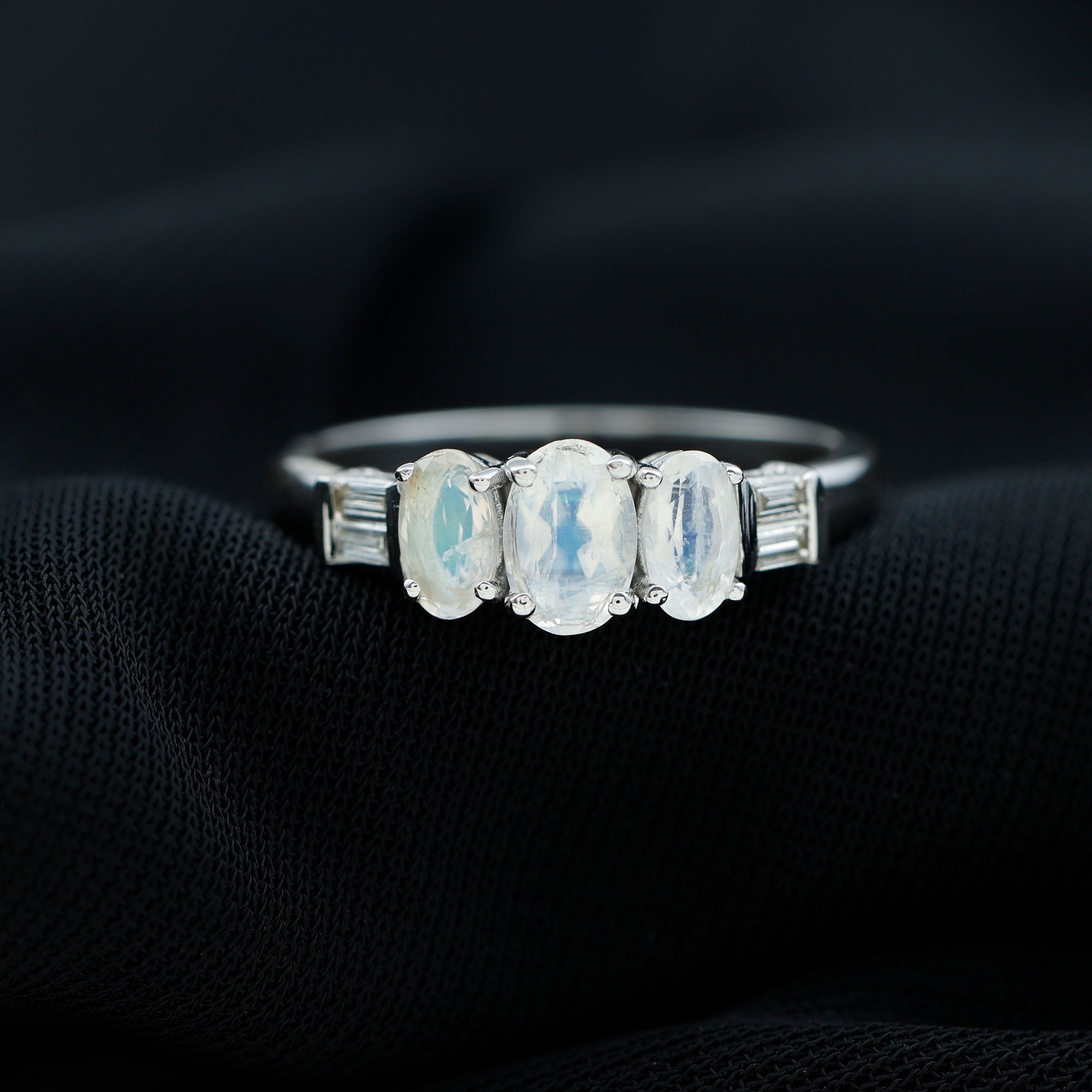 Moonstone Anniversary Ring – Oval Three Stone Ring with Baguette Diamond Accents
