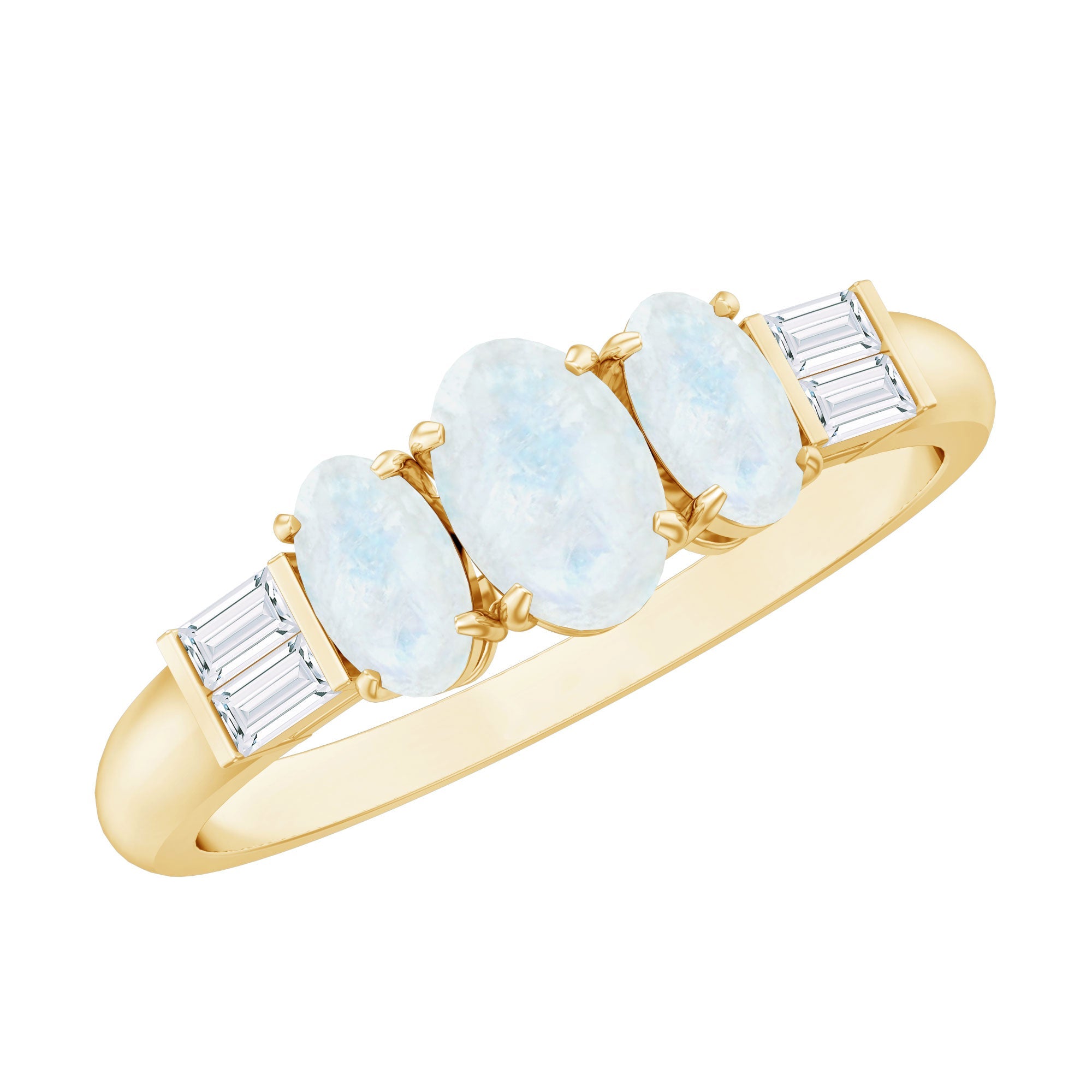 Moonstone Anniversary Ring – Oval Three Stone Ring with Baguette Diamond Accents