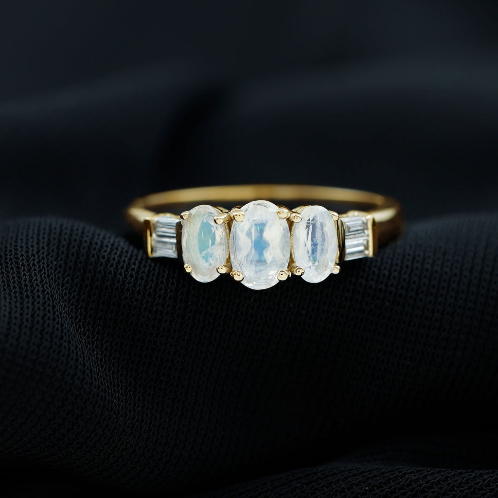 Moonstone Anniversary Ring – Oval Three Stone Ring with Baguette Diamond Accents
