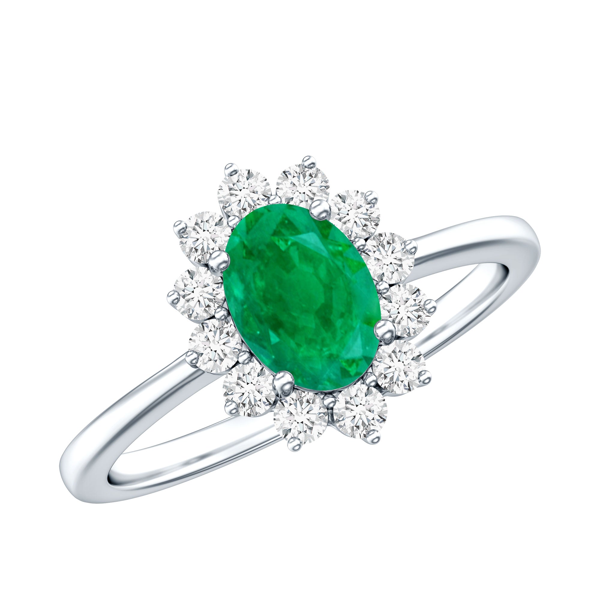 Emerald Engagement Ring – Natural 5X7mm Oval Cut Emerald with Diamond Halo Setting