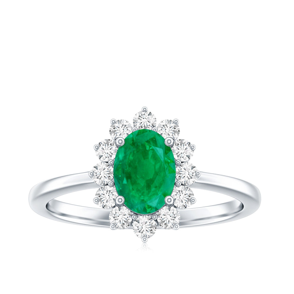 Emerald Engagement Ring – Natural 5X7mm Oval Cut Emerald with Diamond Halo Setting