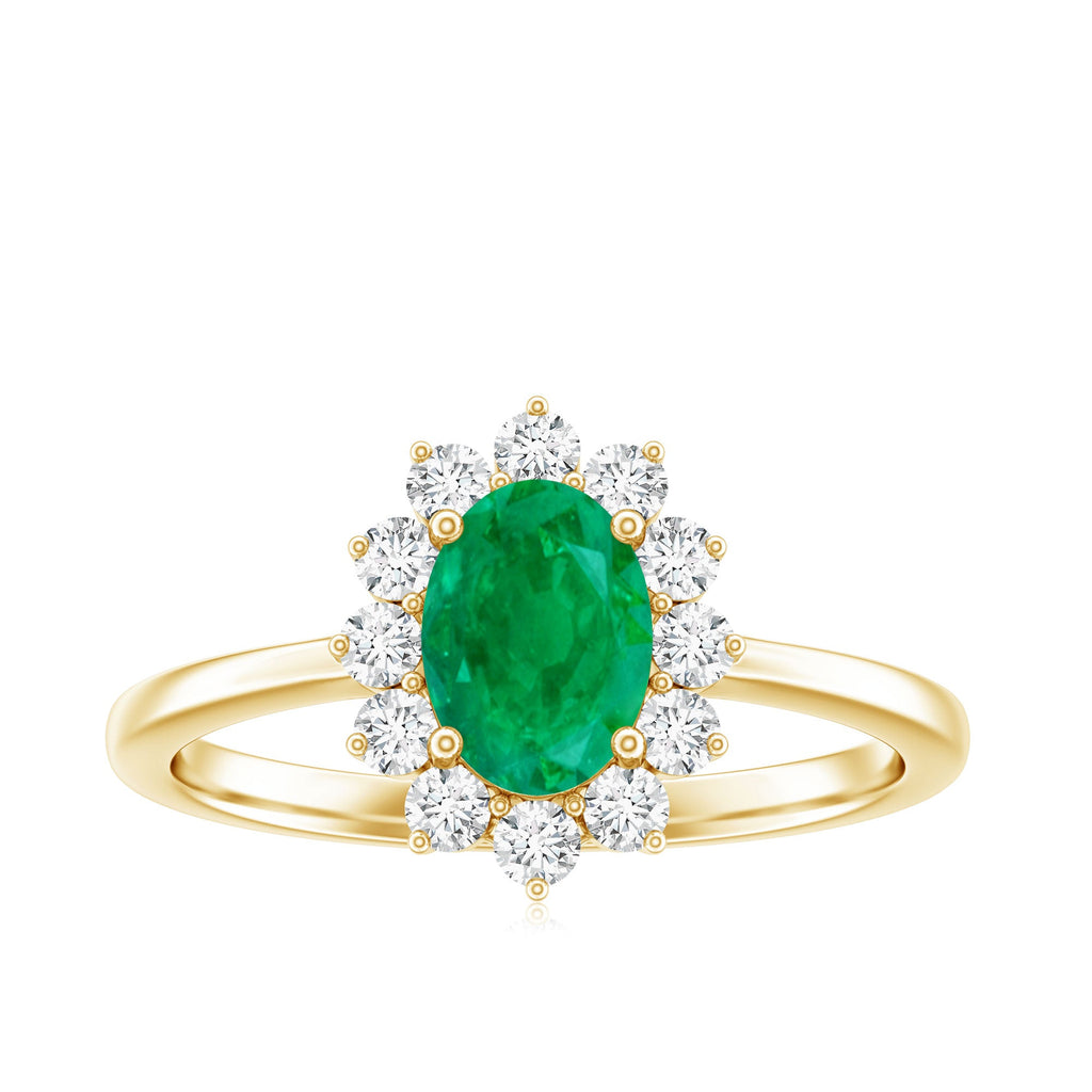 Emerald Engagement Ring – Natural 5X7mm Oval Cut Emerald with Diamond Halo Setting