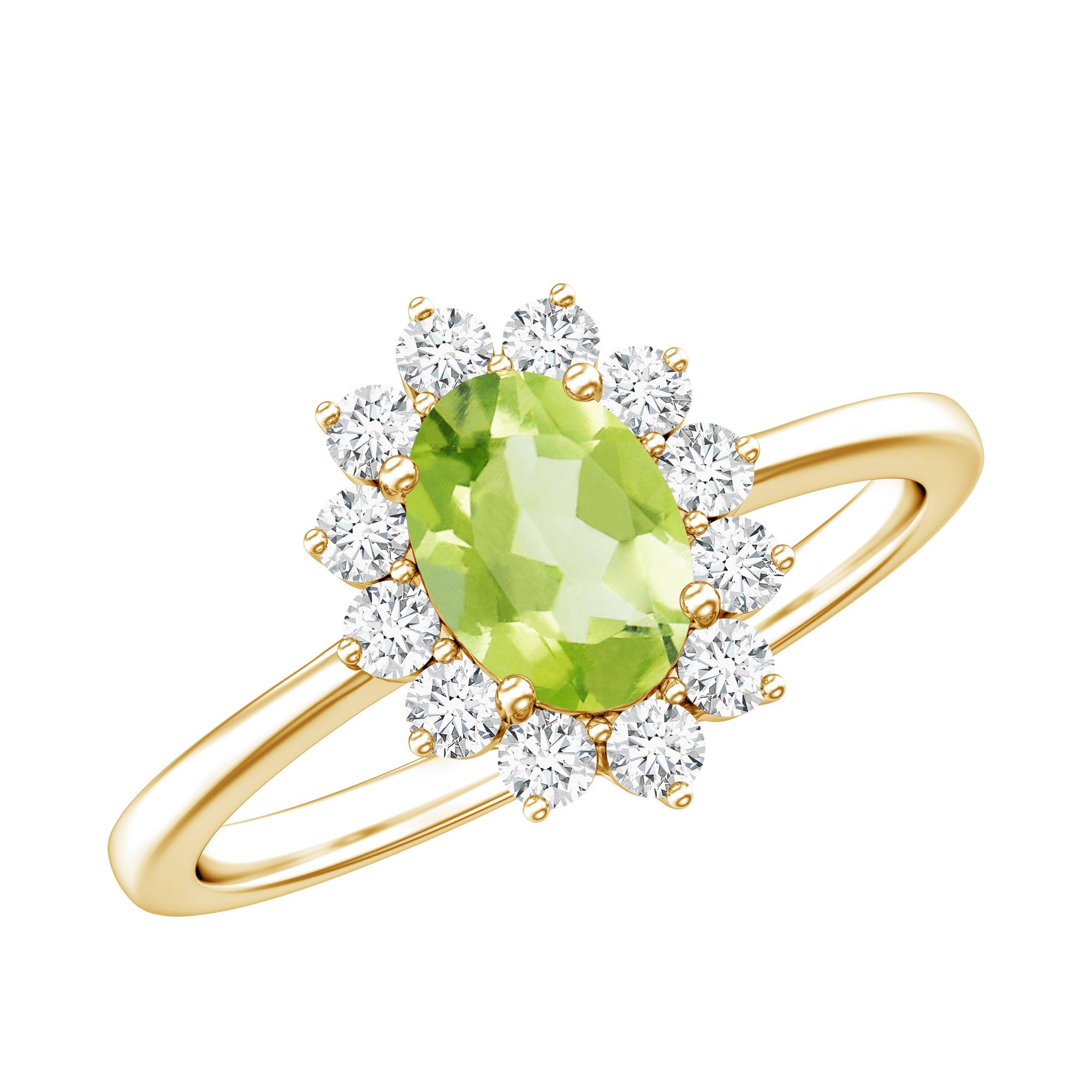 Peridot Engagement Ring - 1 Carat Oval Cut Peridot with Diamond Halo Ring