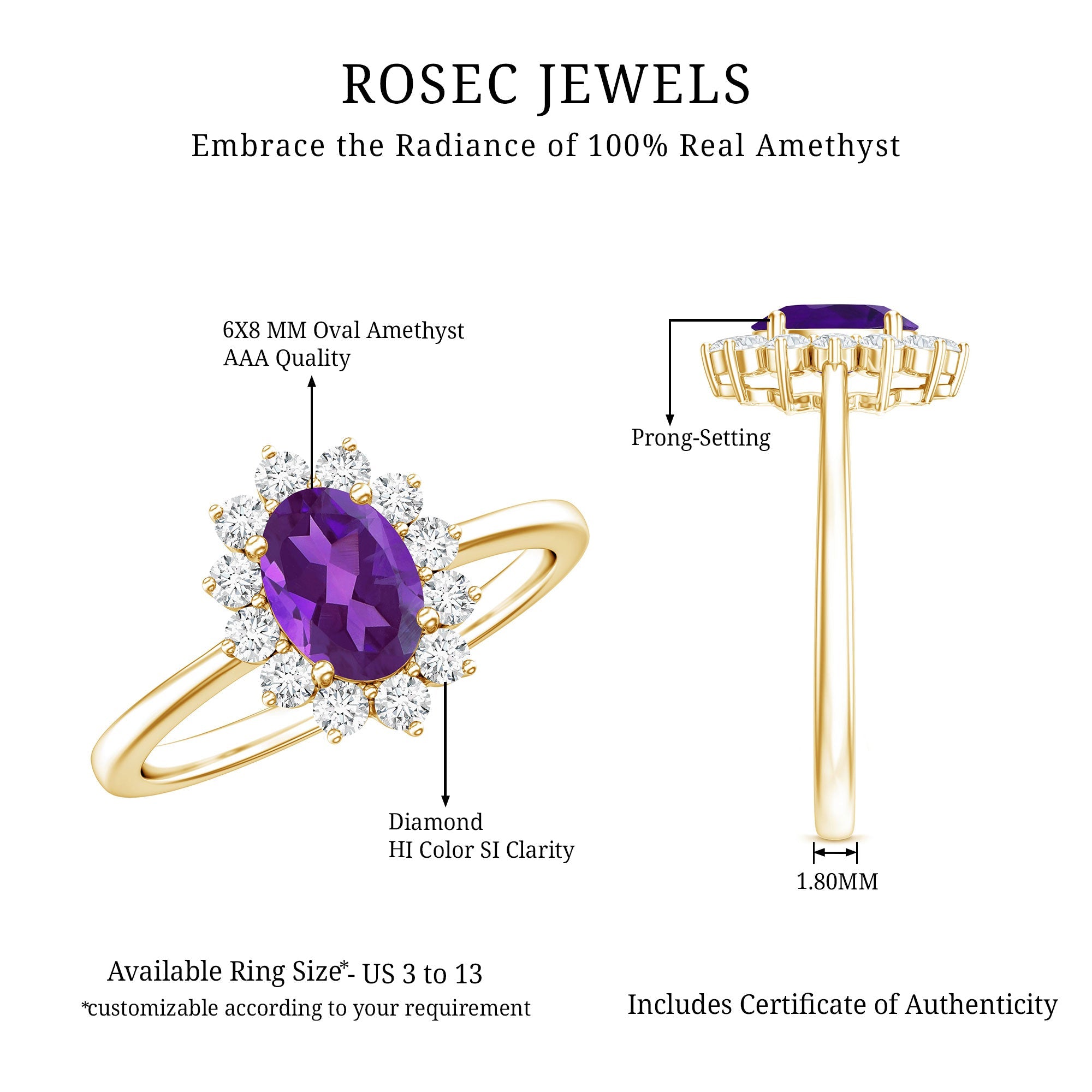 1.5 CT Princess Diana Inspired Amethyst Engagement Ring Diamond Halo