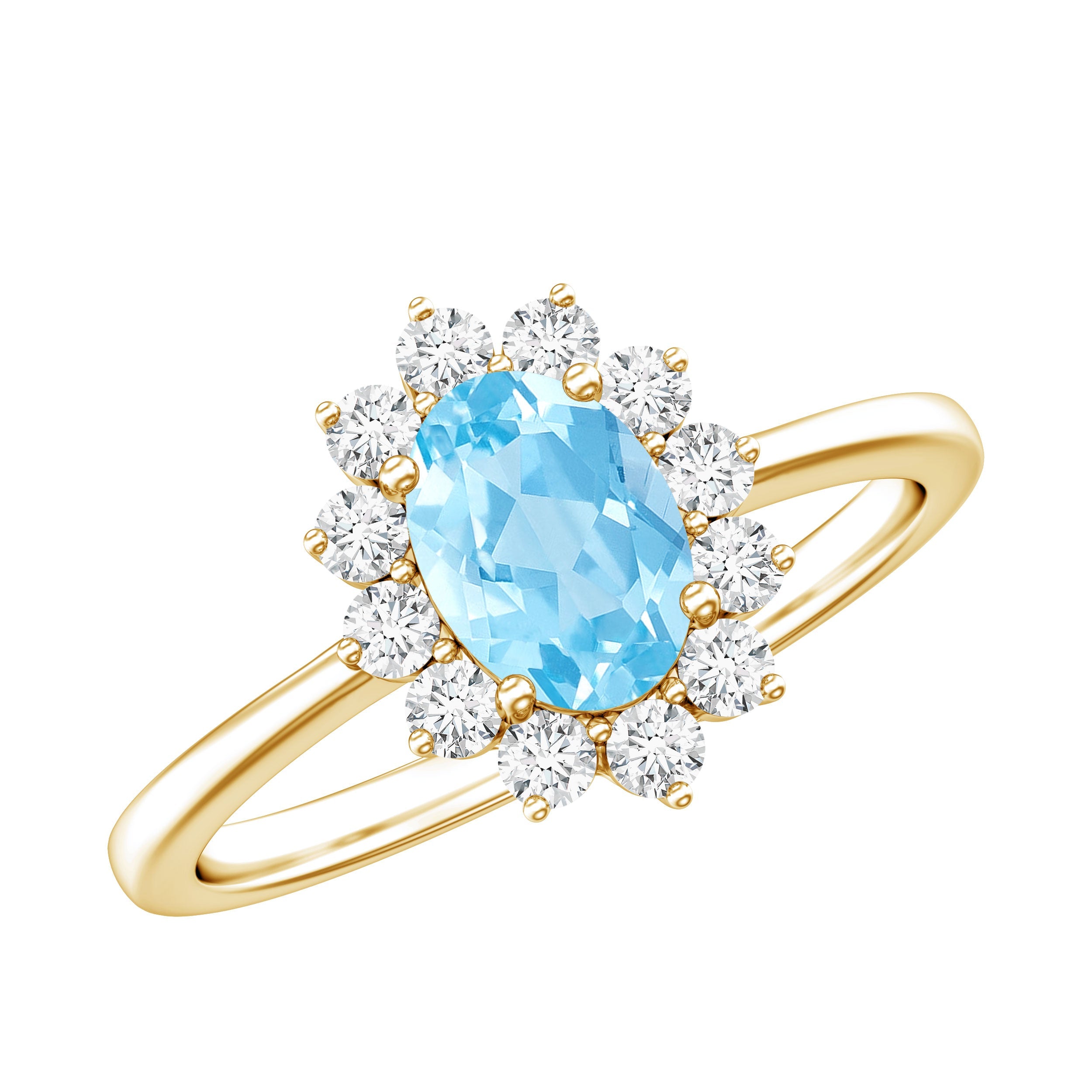 Aquamarine Engagement Ring – 1 Carat Oval Blue Gemstone with Diamond Halo Band