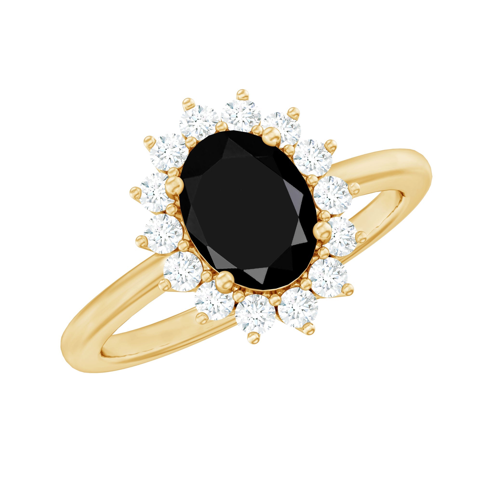 Oval Cut Real Black Onyx and Diamond Halo Engagement Ring